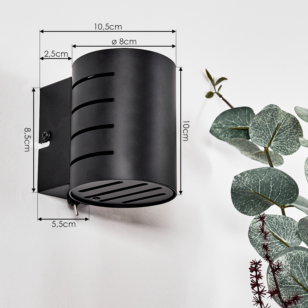Eine schwarze zylindrische Wandlampe mit Maßen, neben einem Eukalyptuszweig auf weißem Hintergrund.