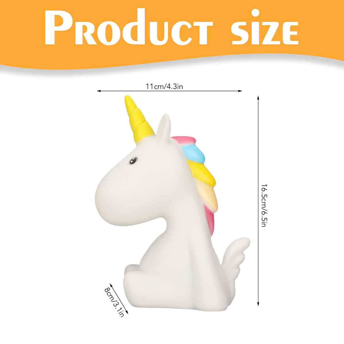 Ein weißes Einhorn-Spielzeug mit gelbem Horn, rosa und blauer Mähne. Abmessungen sind angegeben. Produktgröße steht oben.