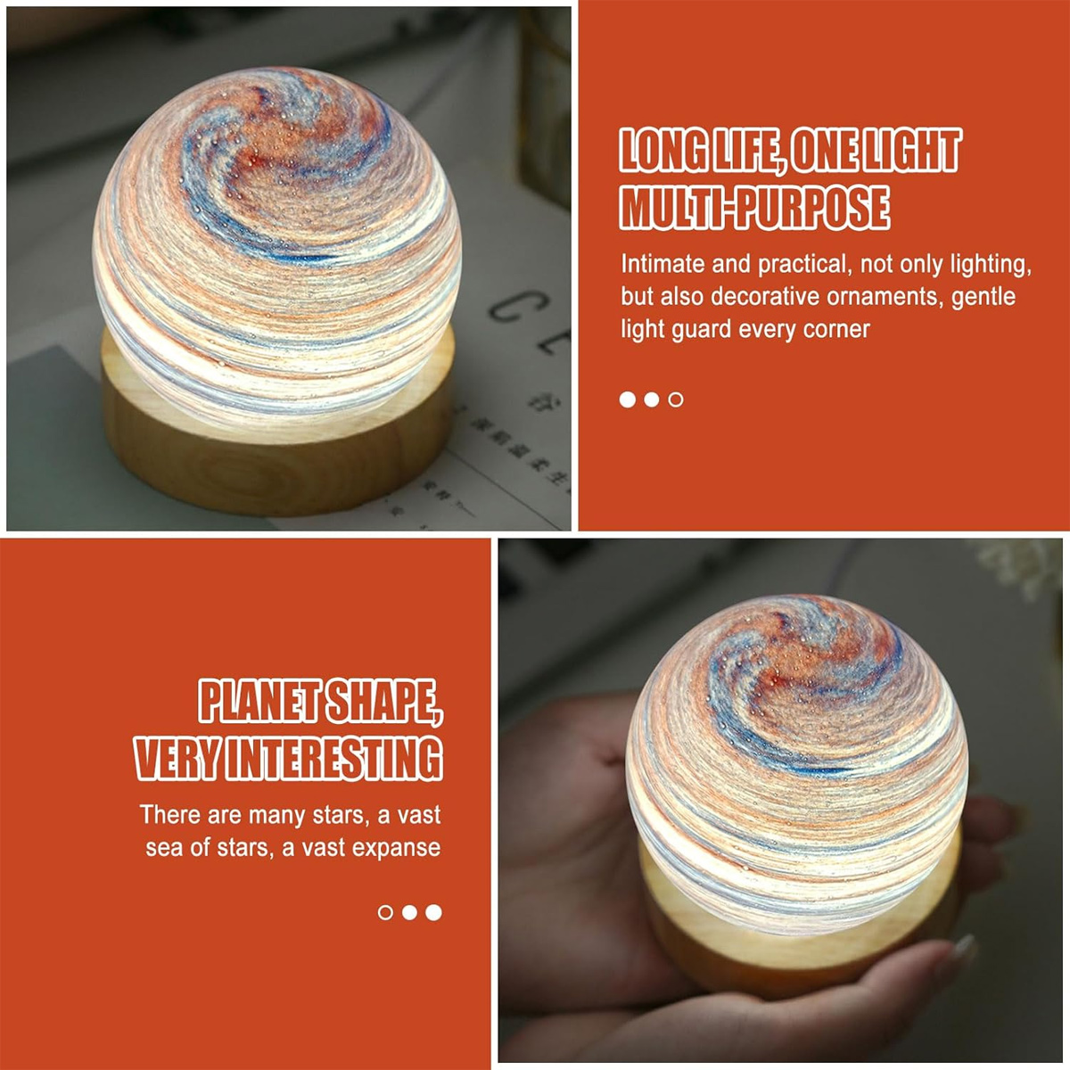 Eine leuchtende, planetenförmige Lampe mit wirbelnden Farben, die auf einem Holzsockel ruht. Die Lampe wird in einer Hand gehalten.