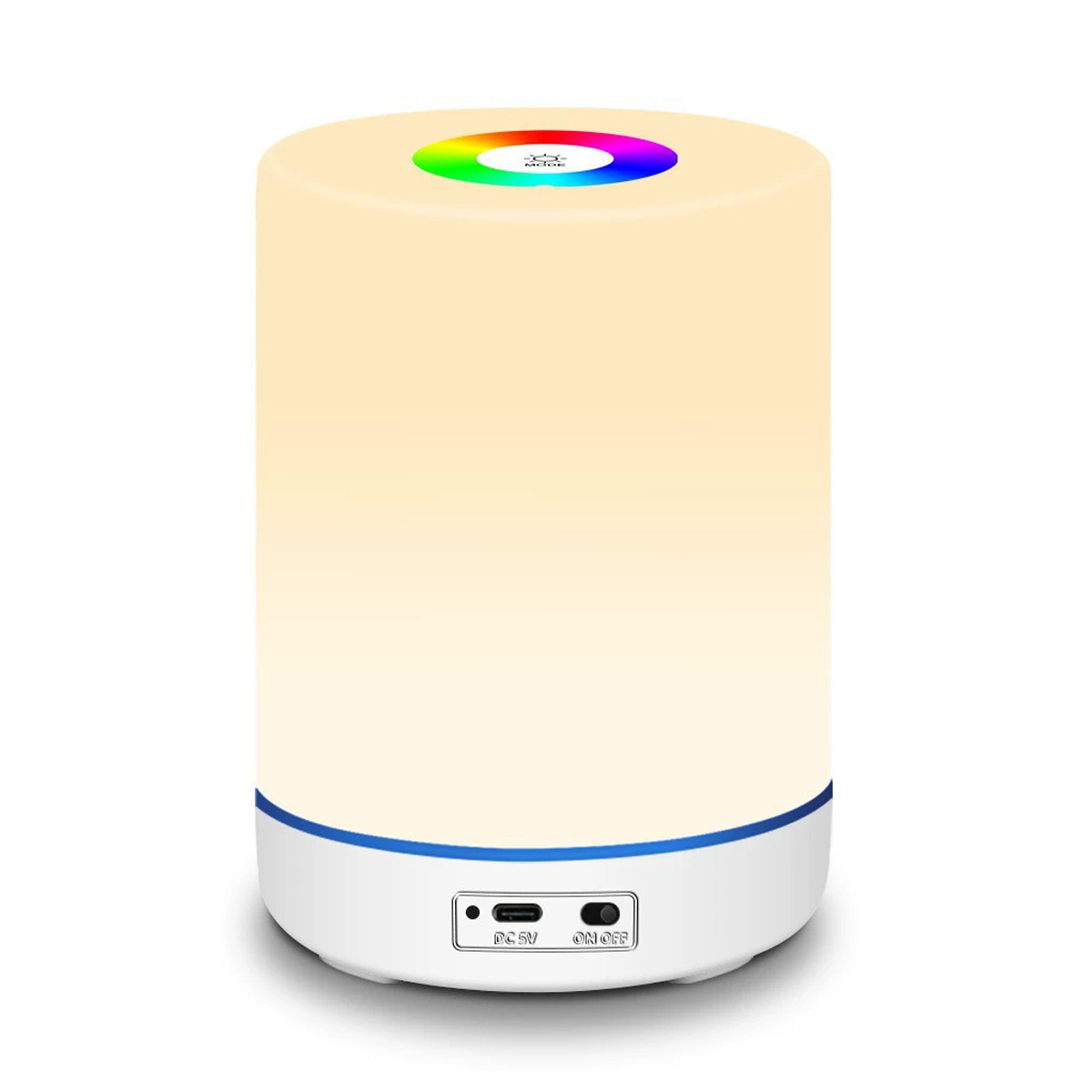 Una lampada cilindrica con la parte superiore arcobaleno e una base bianca e blu. Ha un interruttore on/off e una porta di ricarica.