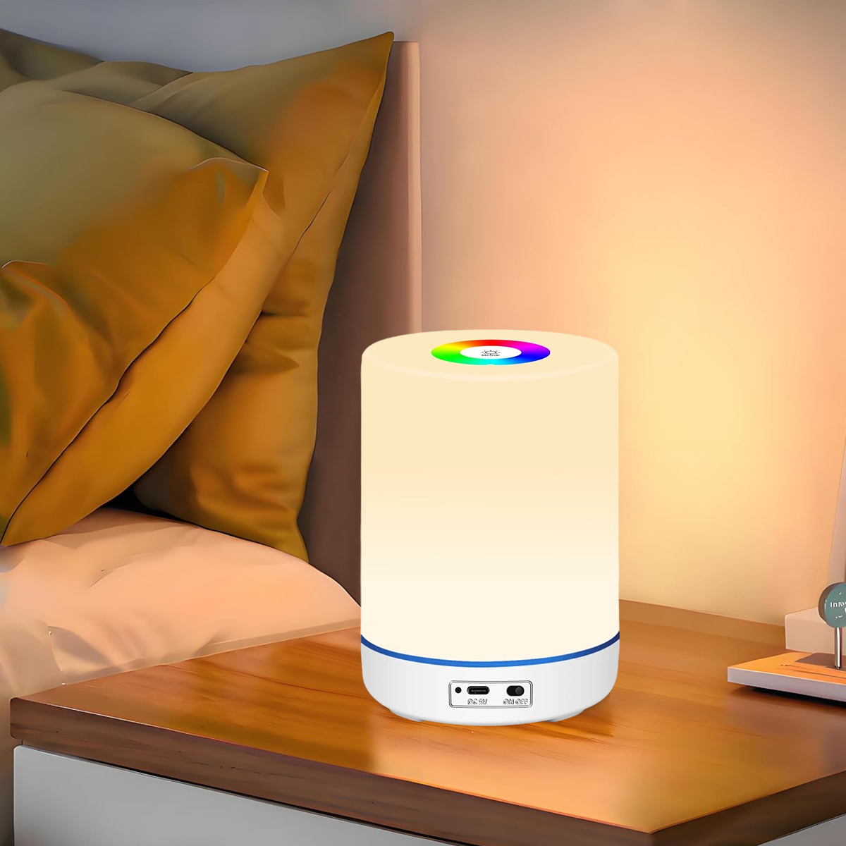 Una lampada da comodino luminosa con opzioni di colore è posizionata su un comodino accanto a un letto con cuscini. Lo sfondo è una luce soffusa e calda.