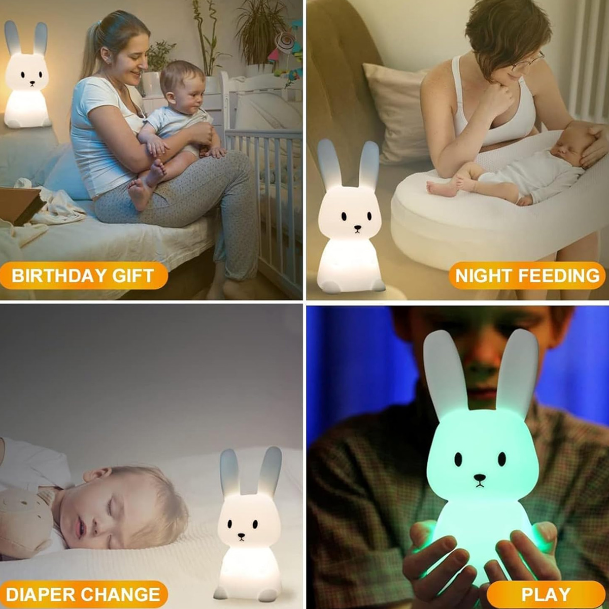 Vier Szenen zeigen ein hasenförmiges Nachtlicht. Eine Szene zeigt Mutter und Kind, eine andere zeigt ein Baby beim Füttern.