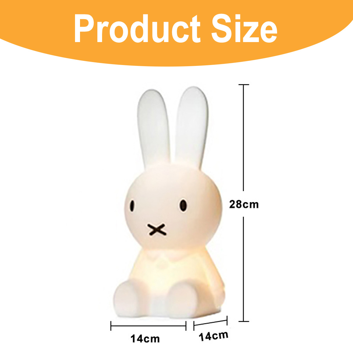 Eine weiße hasenförmige Lampe. Sie hat schwarze Augen und ein Kreuz als Mund. Abmessungen: 28 cm hoch, 14 cm breit und tief.