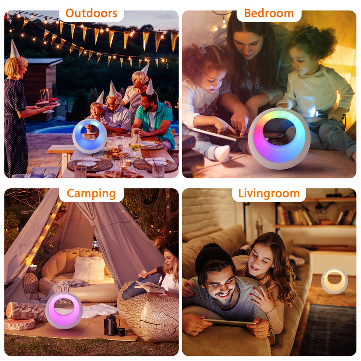 Vier Szenen: Outdoor-Party, Schlafzimmer mit Kindern, Camping mit Lesen und Wohnzimmer mit einem Tablet-Paar.