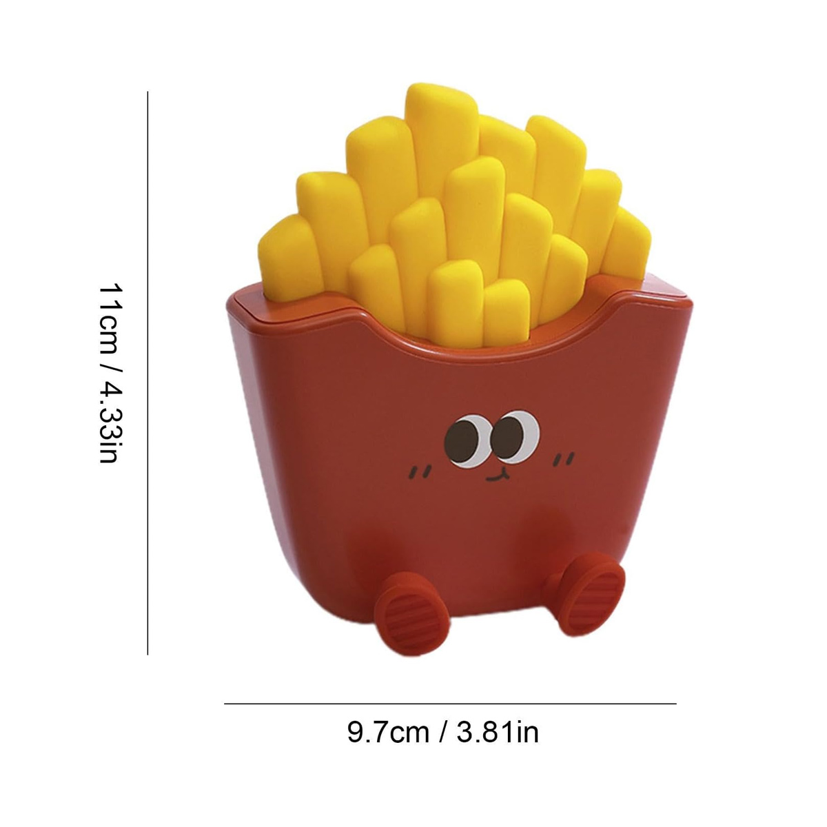 Ein Cartoon-Pommes-Behälter. Der Behälter ist rot mit einem Gesicht und gefüllt mit gelben Pommes. Es hat auch Füße.