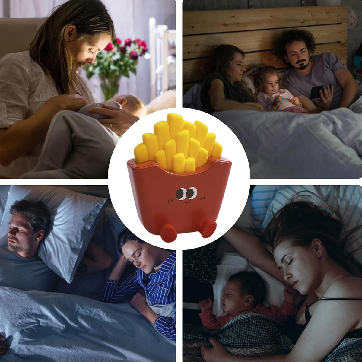 Eine Collage zeigt schlafende Menschen, ein Baby und ein Paar. In der Mitte ist ein Cartoon-Pommes-Behälter. Die Szenen sind nachts.