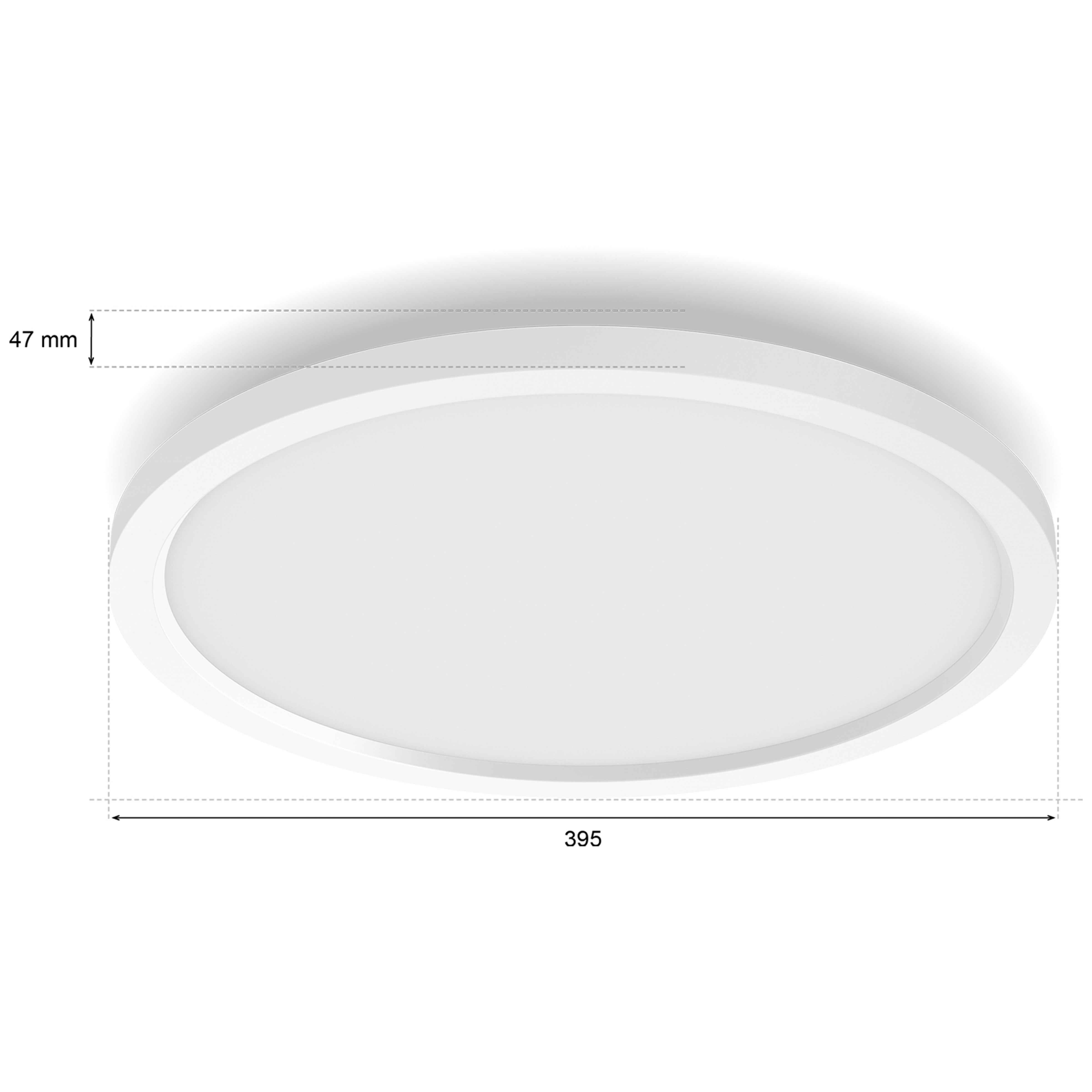 Plafonnier rond blanc, dimensions de 395 mm de diamètre et 47 mm d'épaisseur.