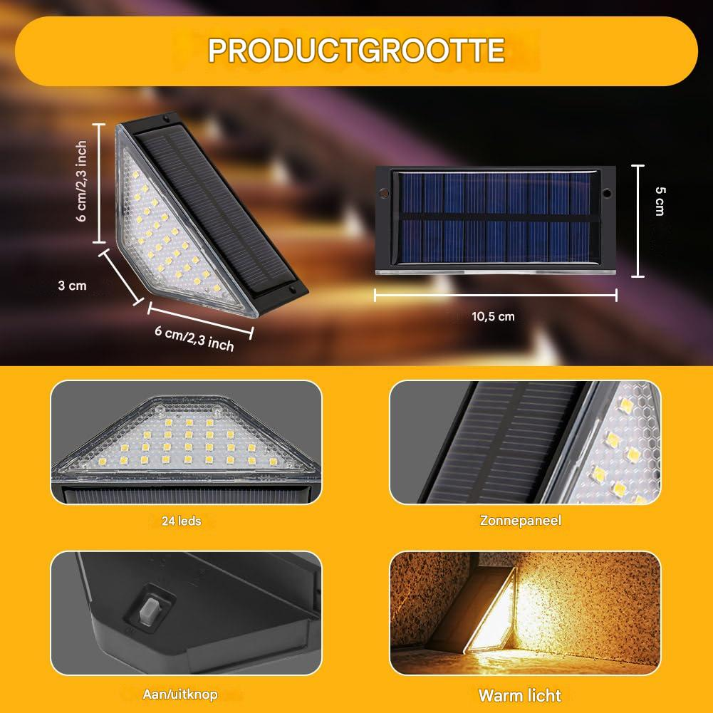 Das Bild zeigt Solarleuchten mit Abmessungen. Details umfassen 24 LEDs, Solarpanel, Ein-/Aus-Taste und Warmlichteffekt.