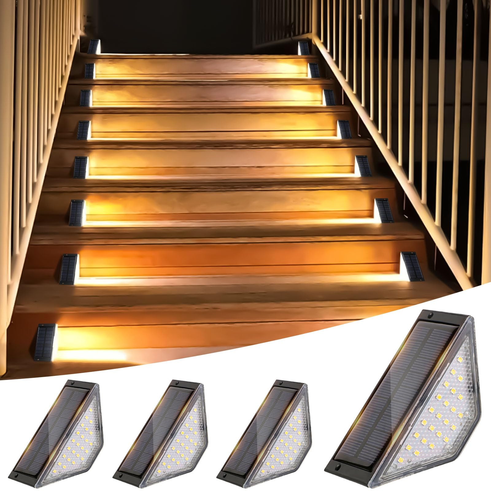 Holztreppe mit installierten Solarleuchten. Vier Solarleuchten sind im Vordergrund gezeigt.