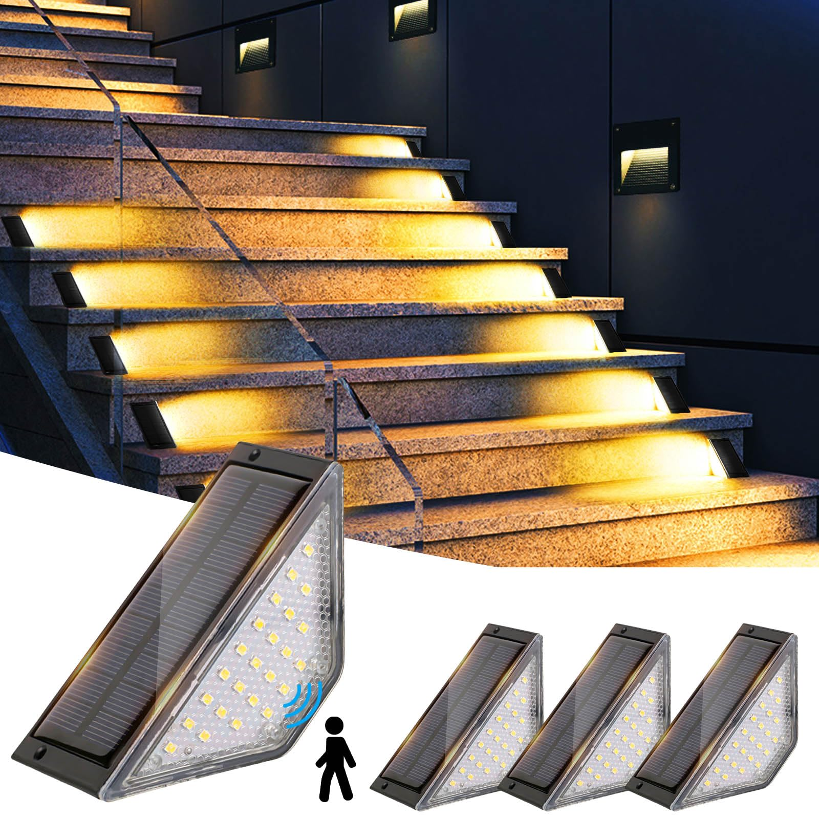 Treppe mit Solarleuchten an Stufen und Wand. Lichter beleuchten die Stufen. Solarpanel-Leuchten befinden sich unten.