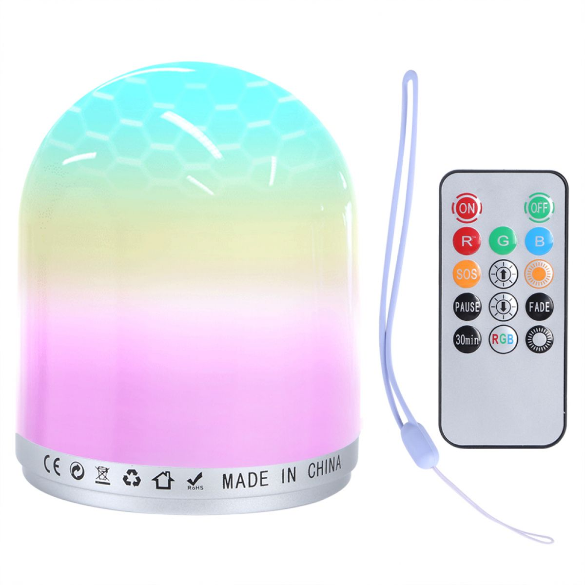 Eine farbwechselnde Lampe und eine Fernbedienung. Die Lampe hat einen Farbverlauf von Blau nach Rosa. Die Fernbedienung hat Knöpfe.