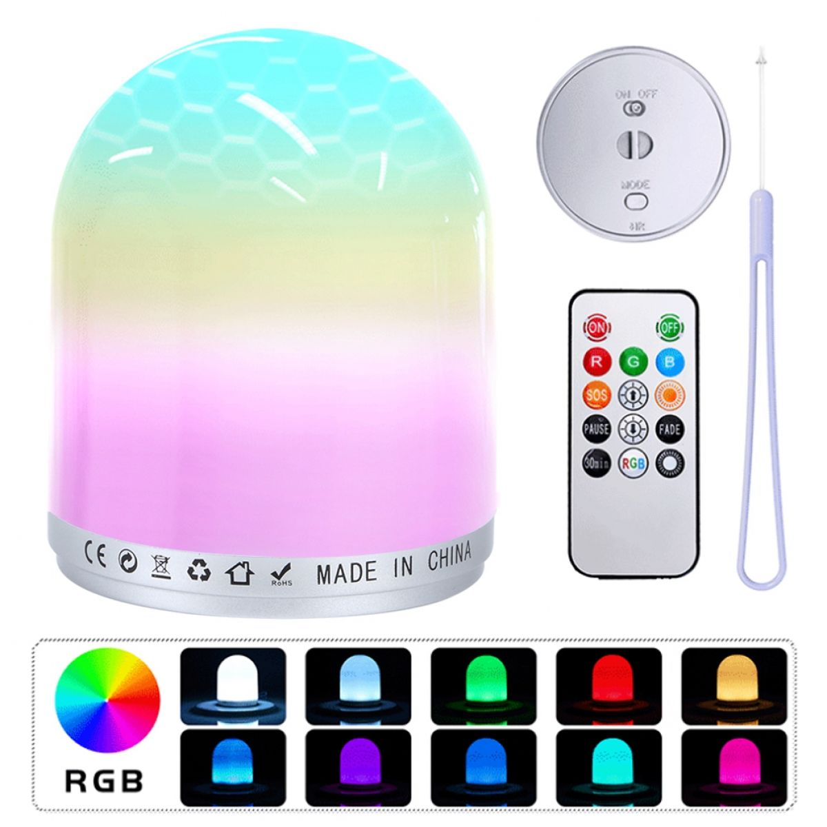Eine farbwechselnde LED-Lampe mit Fernbedienung. Die Lampe hat einen Farbverlauf von Blau nach Pink. Fernbedienung hat Tasten.