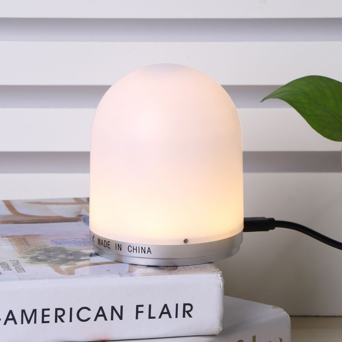 Eine leuchtende, weiße Lampe mit der Aufschrift "Made in China" steht auf einem Buch. Im Hintergrund ist ein grünes Blatt zu sehen. Die Lampe ist eingesteckt.