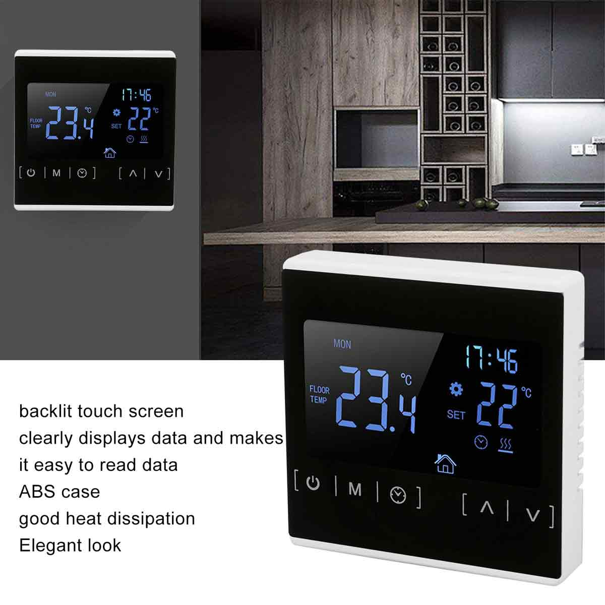 Ein digitales Thermostat zeigt 23,4°C und 22°C mit der Uhrzeit 17:46 an. Der Hintergrund zeigt eine Küche mit Holzschränken.