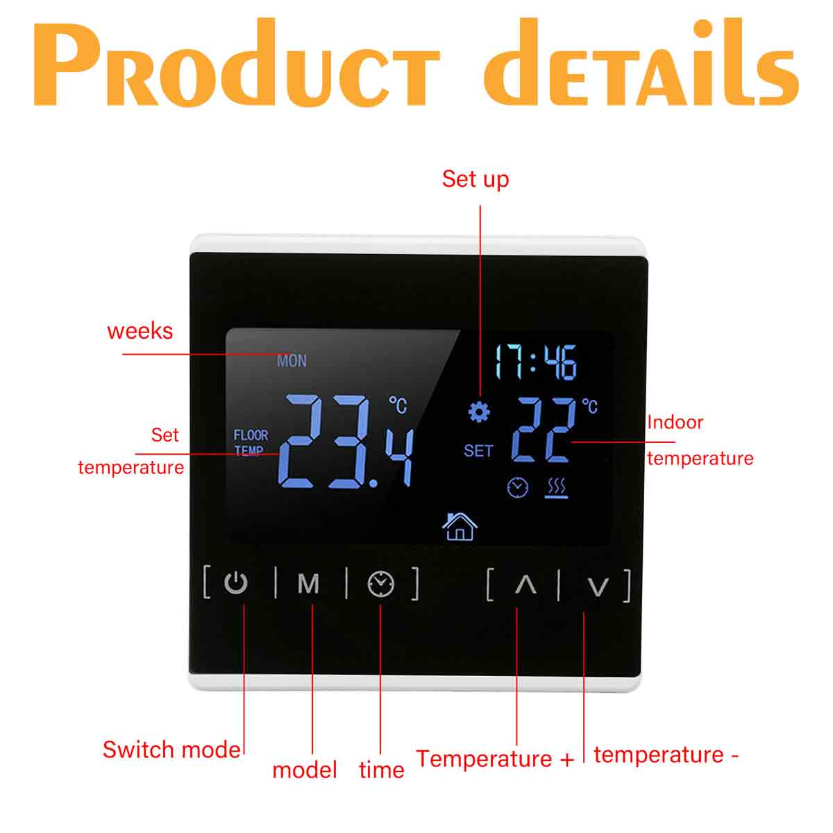 Ein digitales Thermostat zeigt Zeit, Temperatur und Einstellungen an. Tasten für Modus, Zeit- und Temperatureinstellung sind sichtbar.