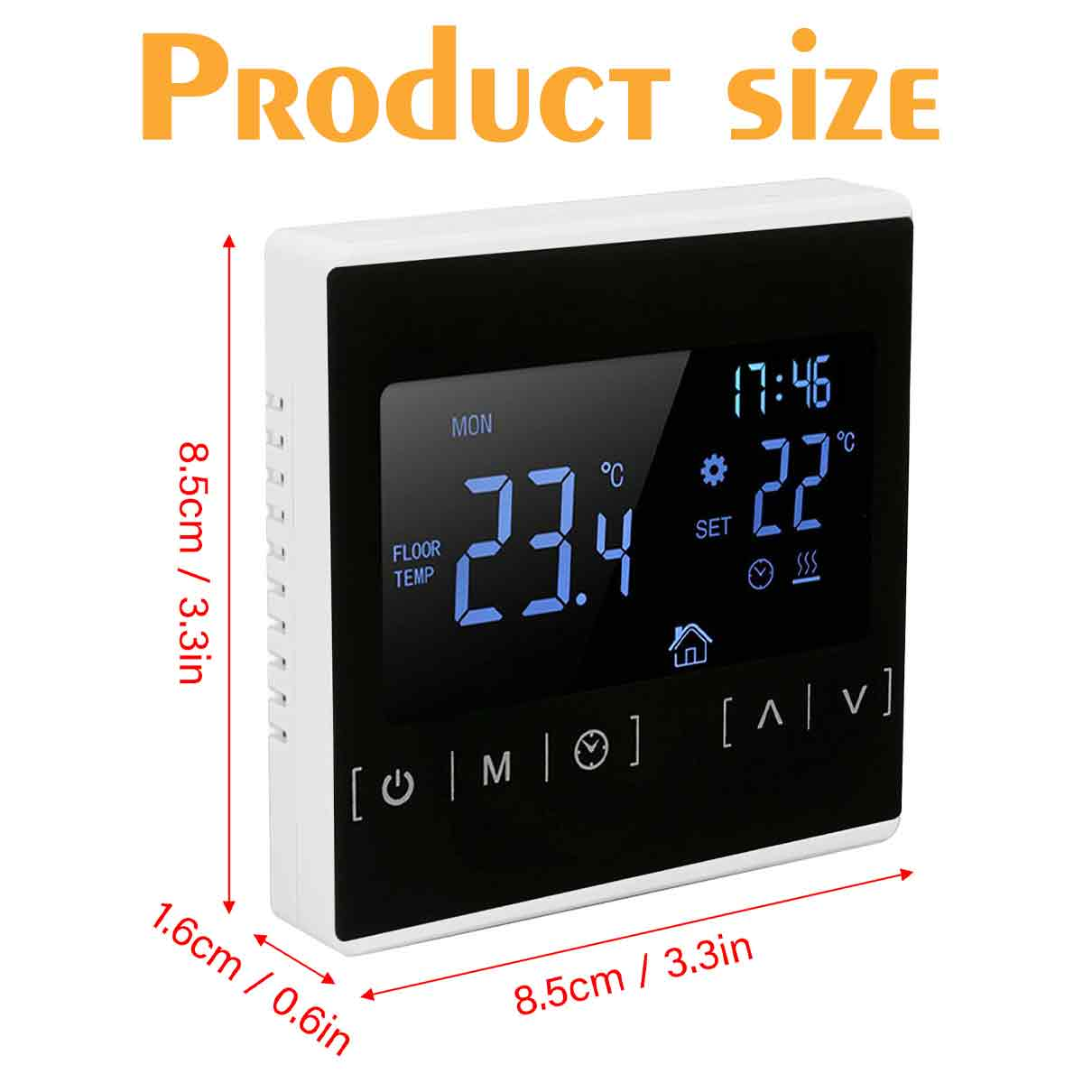 Ein digitales Thermostat zeigt die aktuelle und die eingestellte Temperatur. Abmessungen und Beschriftungen überlagern einen weißen Hintergrund.
