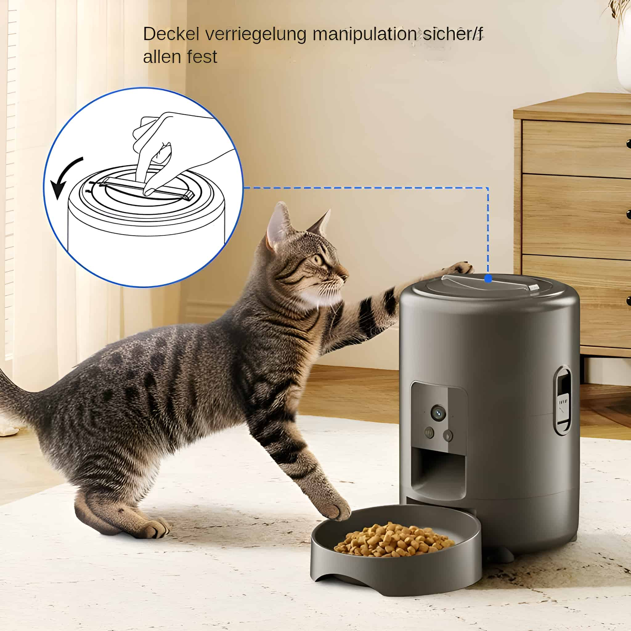 Eine Katze greift nach einem Futterautomaten. Der Spender hat eine Futterschale mit Trockenfutter. Anweisungen und ein Holzschrank sind im Hintergrund.