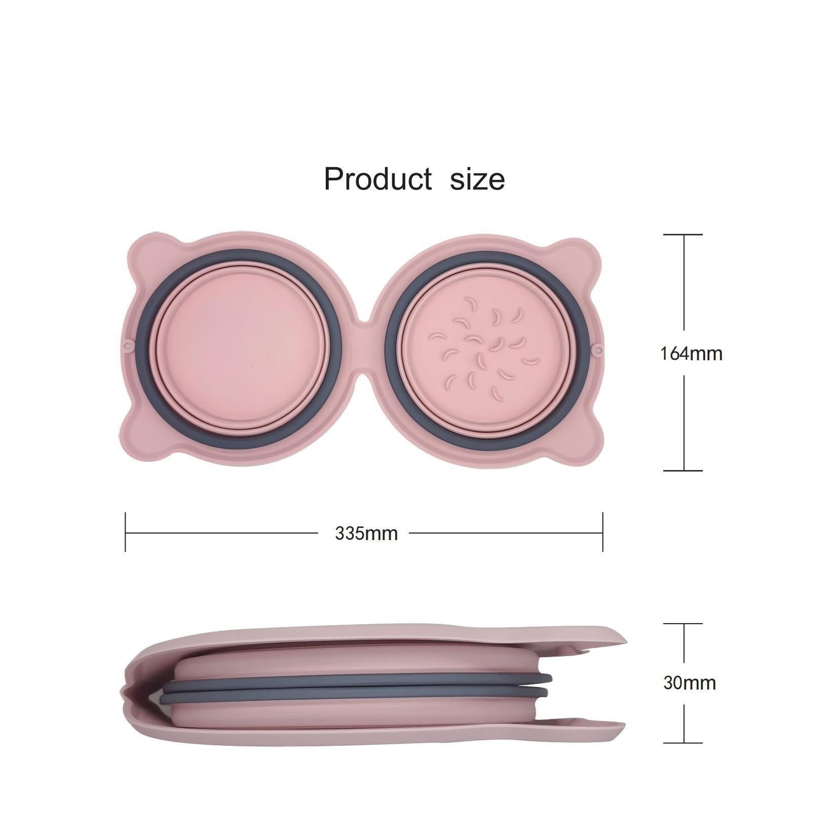 Rosa zusammenklappbares Produkt, Abmessungen sind angegeben. Draufsicht und Seitenansicht. Grau und rosa.