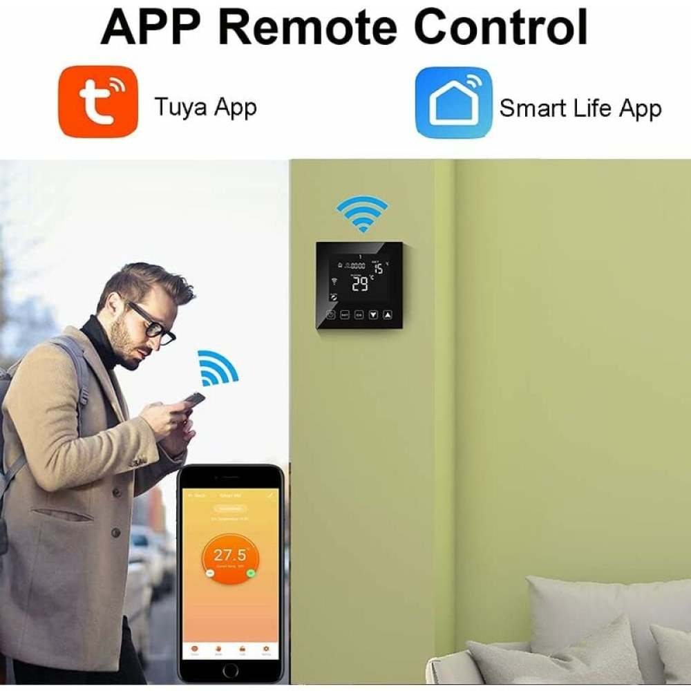 Mann mit Brille benutzt Telefon. Thermostat an der Wand. App-Namen: Tuya und Smart Life. WLAN-Signal-Icons sind sichtbar.