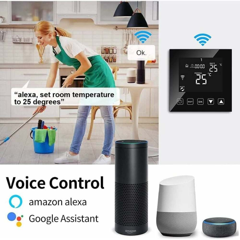 Eine Frau wischt den Boden. Smarte Heimgeräte: Thermostat, Alexa, Google Home. Text: 'alexa, set room temperature to 25 degrees'.