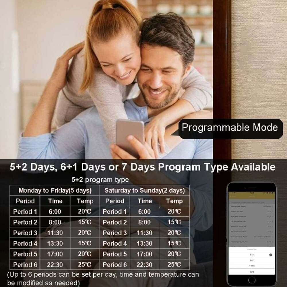 Paar schaut auf ein Telefon. Das Bild zeigt einen programmierbaren Modus mit Zeit- und Temperatureinstellungen.