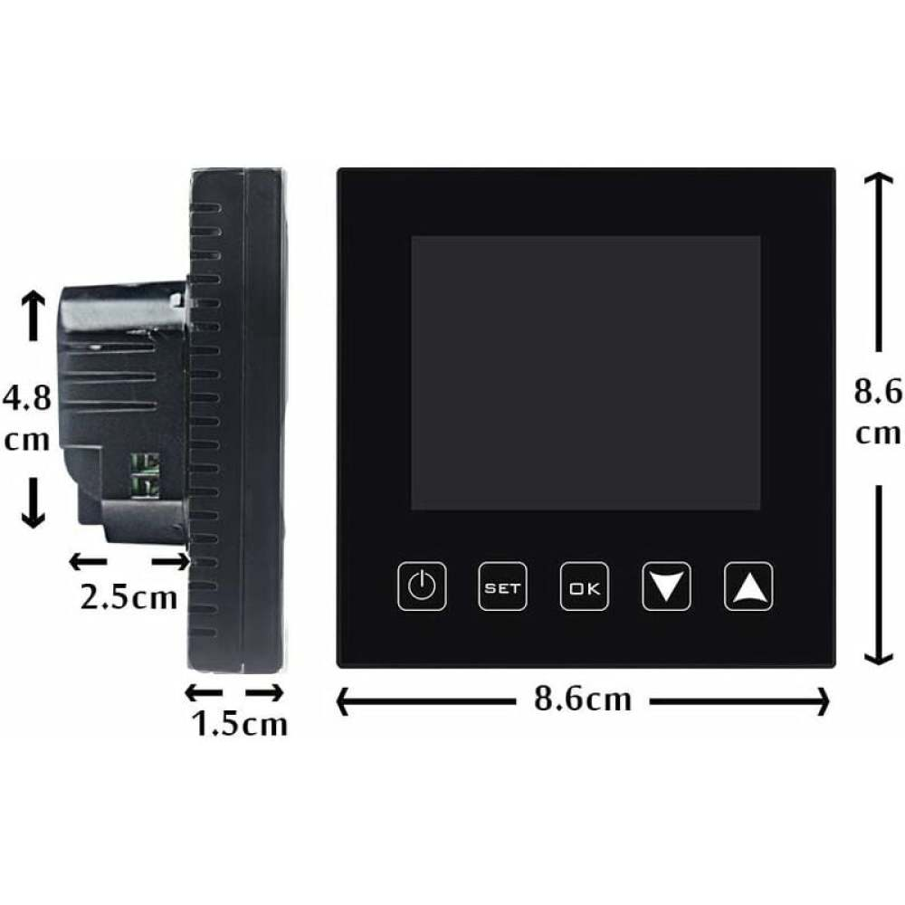 Schwarzer digitaler Thermostat. Die Vorderseite hat einen Bildschirm und Steuertasten. Seitenansicht zeigt Abmessungen in cm.