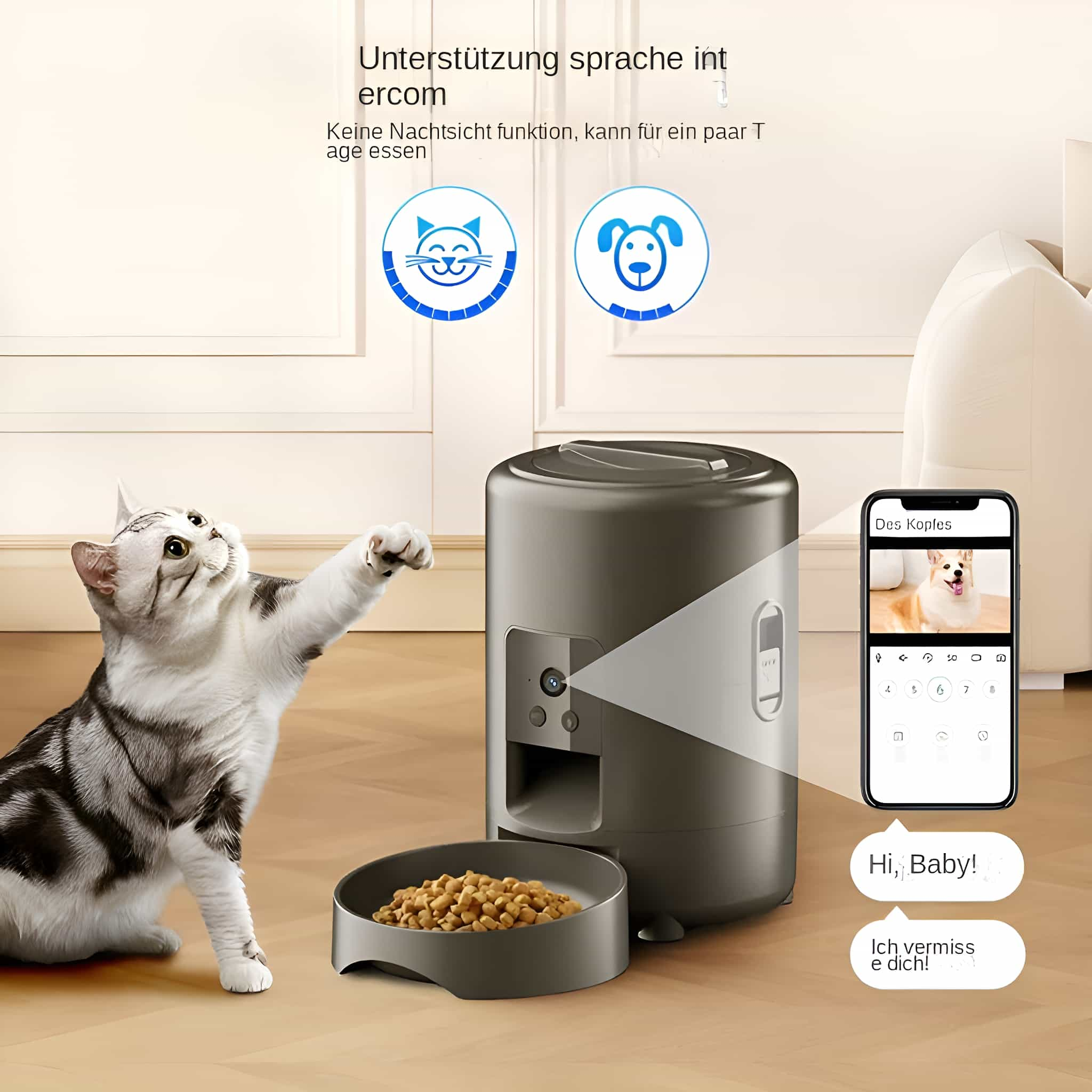 Eine Katze greift nach einem Futterautomaten mit Futter. Ein Telefon zeigt einen Hund. Deutscher Text ist sichtbar.