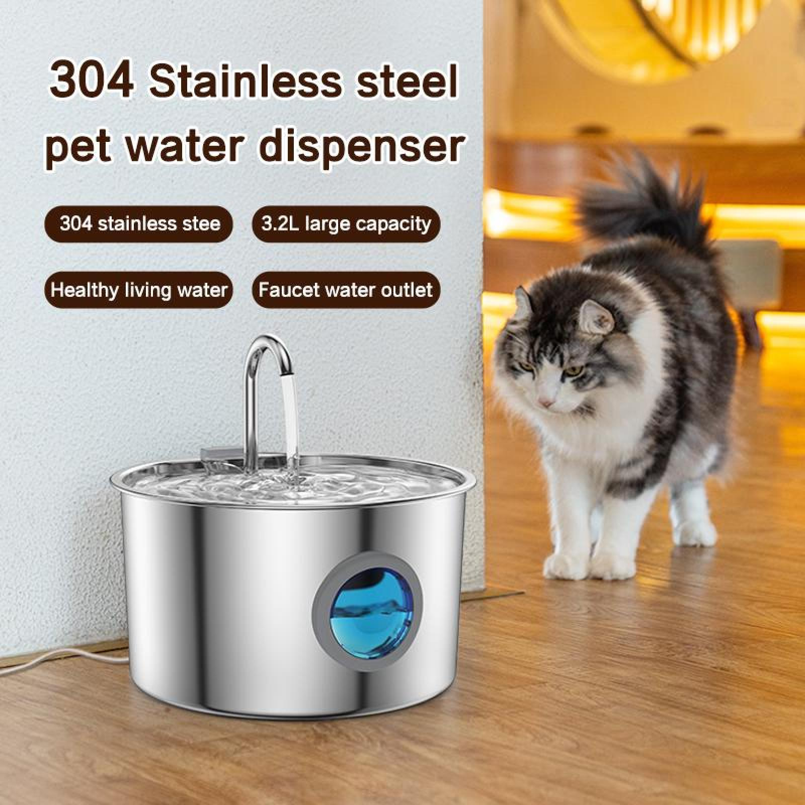 Ein Wasserspender aus Edelstahl für Haustiere mit einer Katze. Der Spender hat einen Wasserhahn und eine blaue Wasserstandsanzeige.