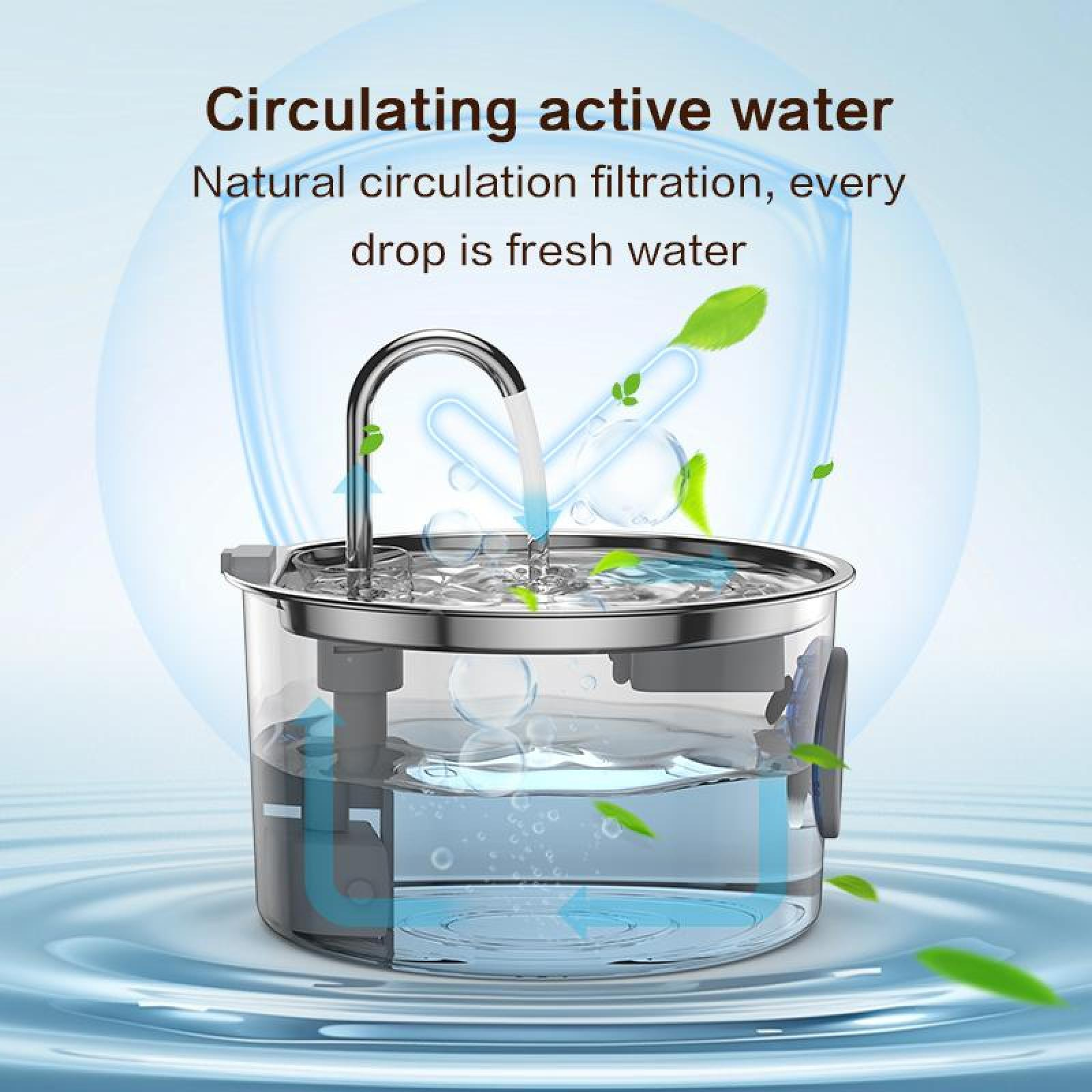Wasserfilter mit Wasserfluss. Grüne Blätter und Blasen erscheinen. Text: Zirkulierendes aktives Wasser. Natürliche Filtration.