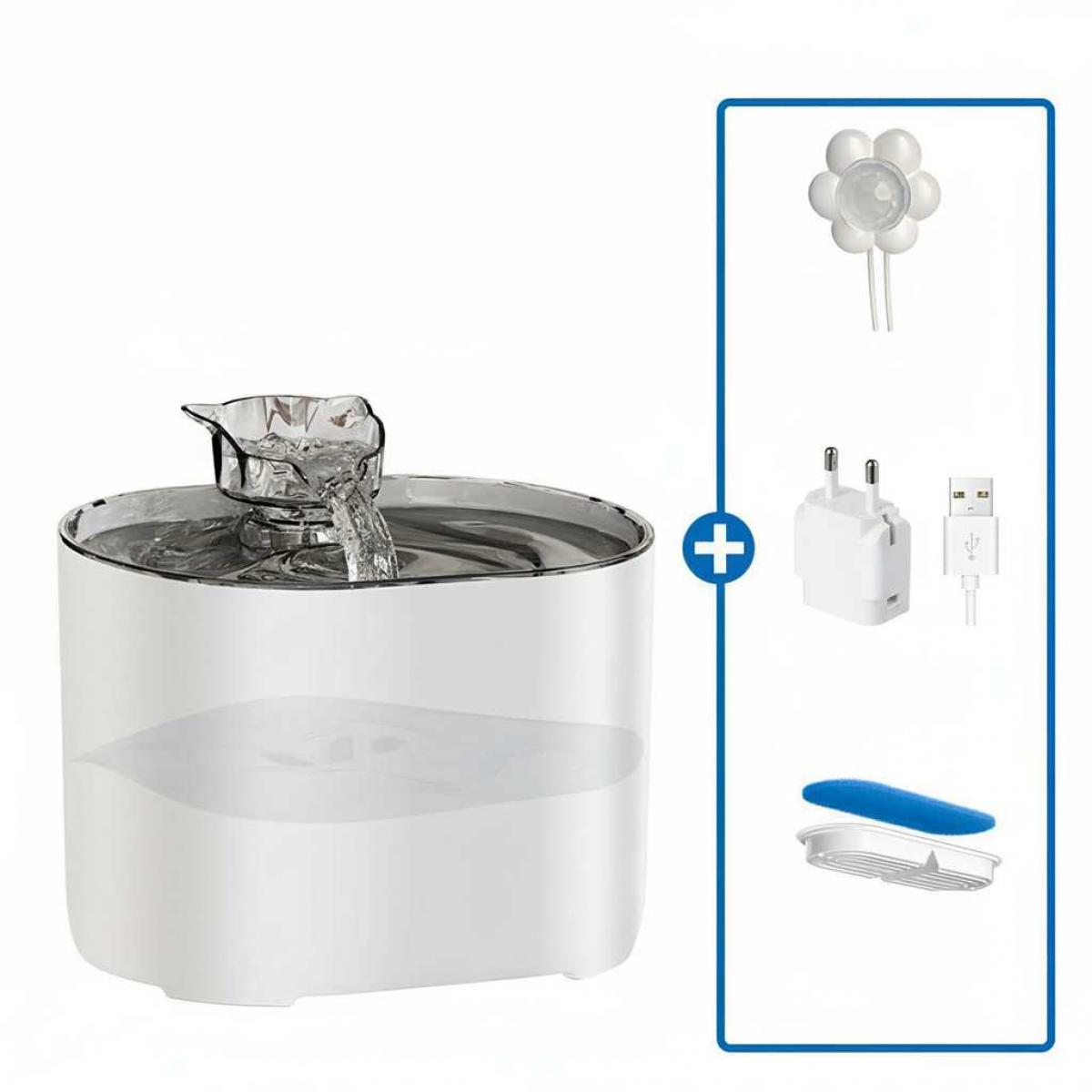 Ein weißer Haustier-Trinkbrunnen mit Wasserfall-Effekt. Zubehör: Blume, Adapter, USB-Kabel und Filter.