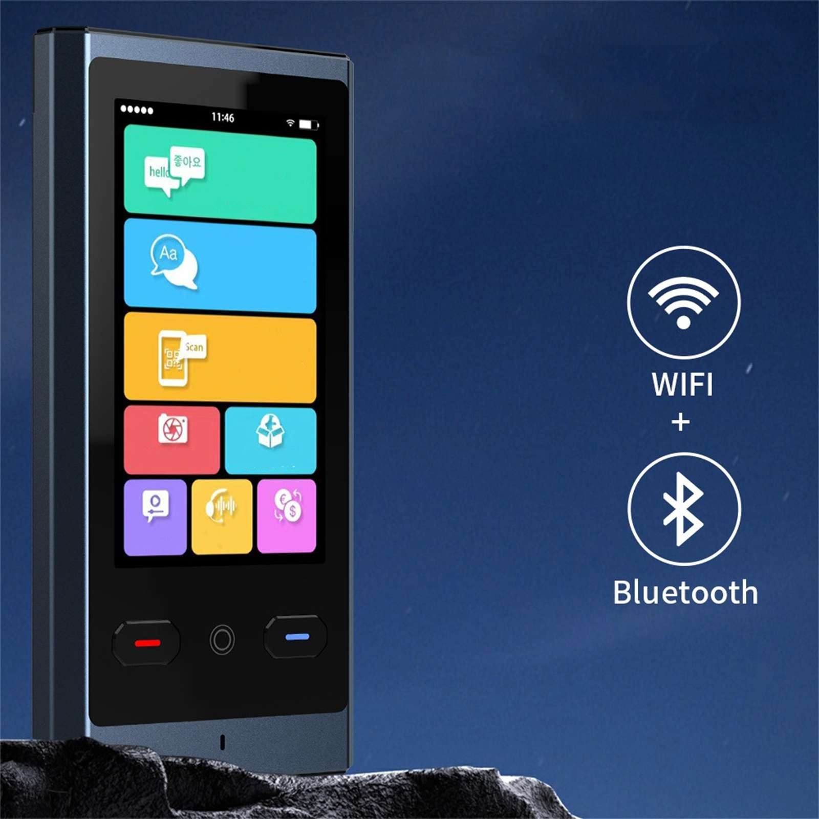 Ein Handübersetzer mit einem Bildschirm, der Symbole anzeigt. WLAN- und Bluetooth-Symbole befinden sich auf blauem Hintergrund.
