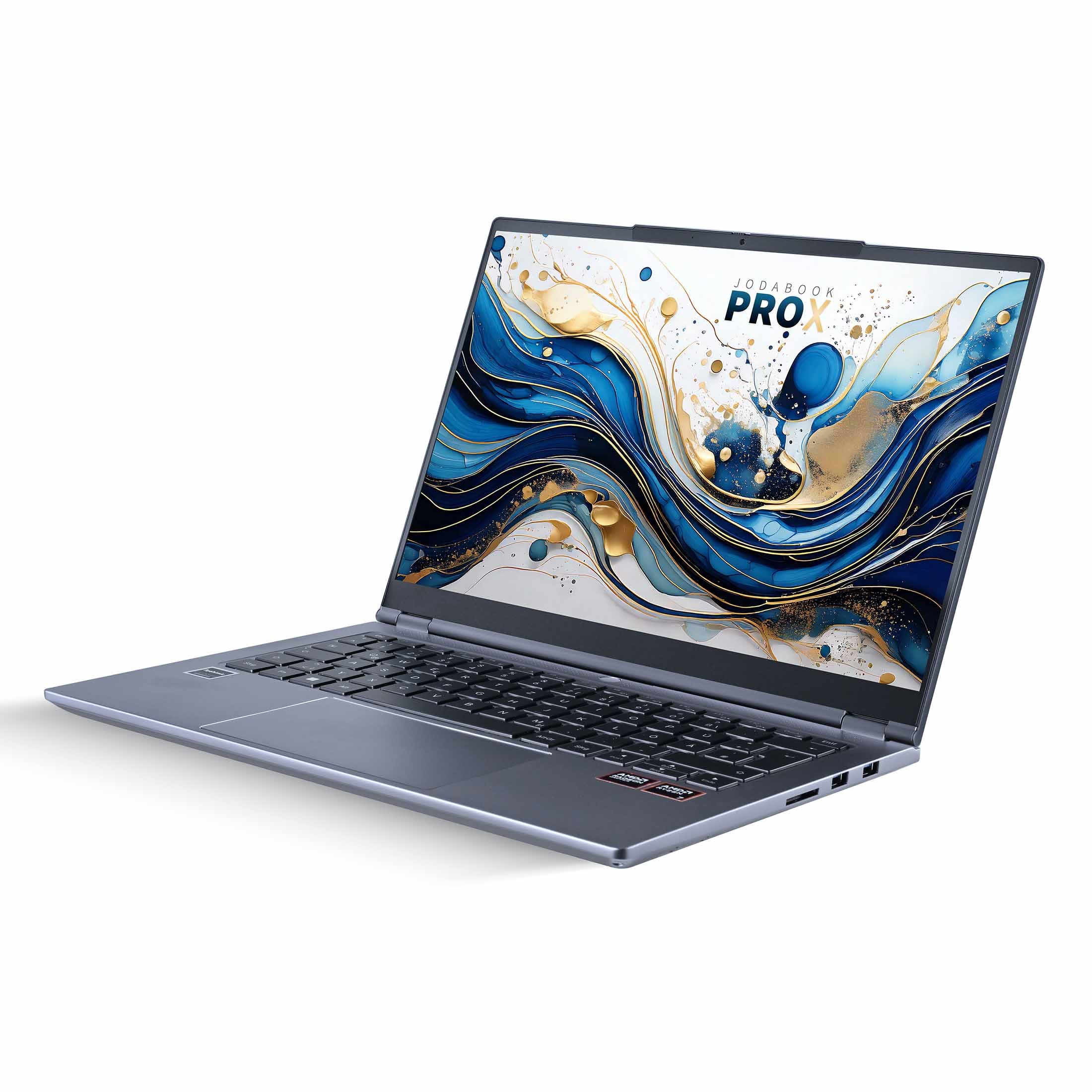Ein grauer JODABOOK PRO X-Laptop ist auf einer weißen Oberfläche angewinkelt. Der Bildschirm zeigt ein blaues und goldenes abstraktes Design.