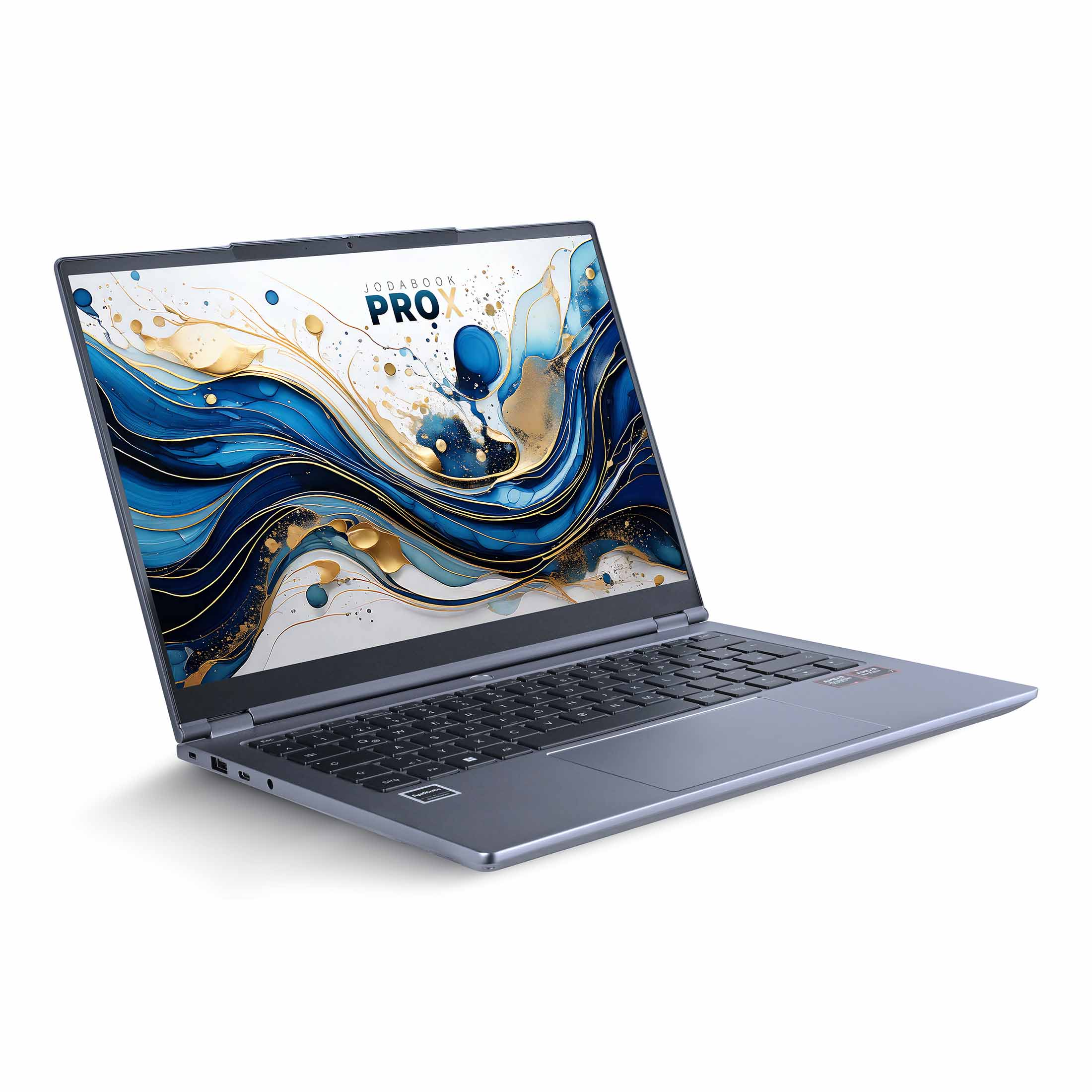 Ein Laptop ist geöffnet und zeigt ein blaues und goldenes abstraktes Design. Der Laptop ist grau, mit schwarzer Tastatur, auf weißem Hintergrund.