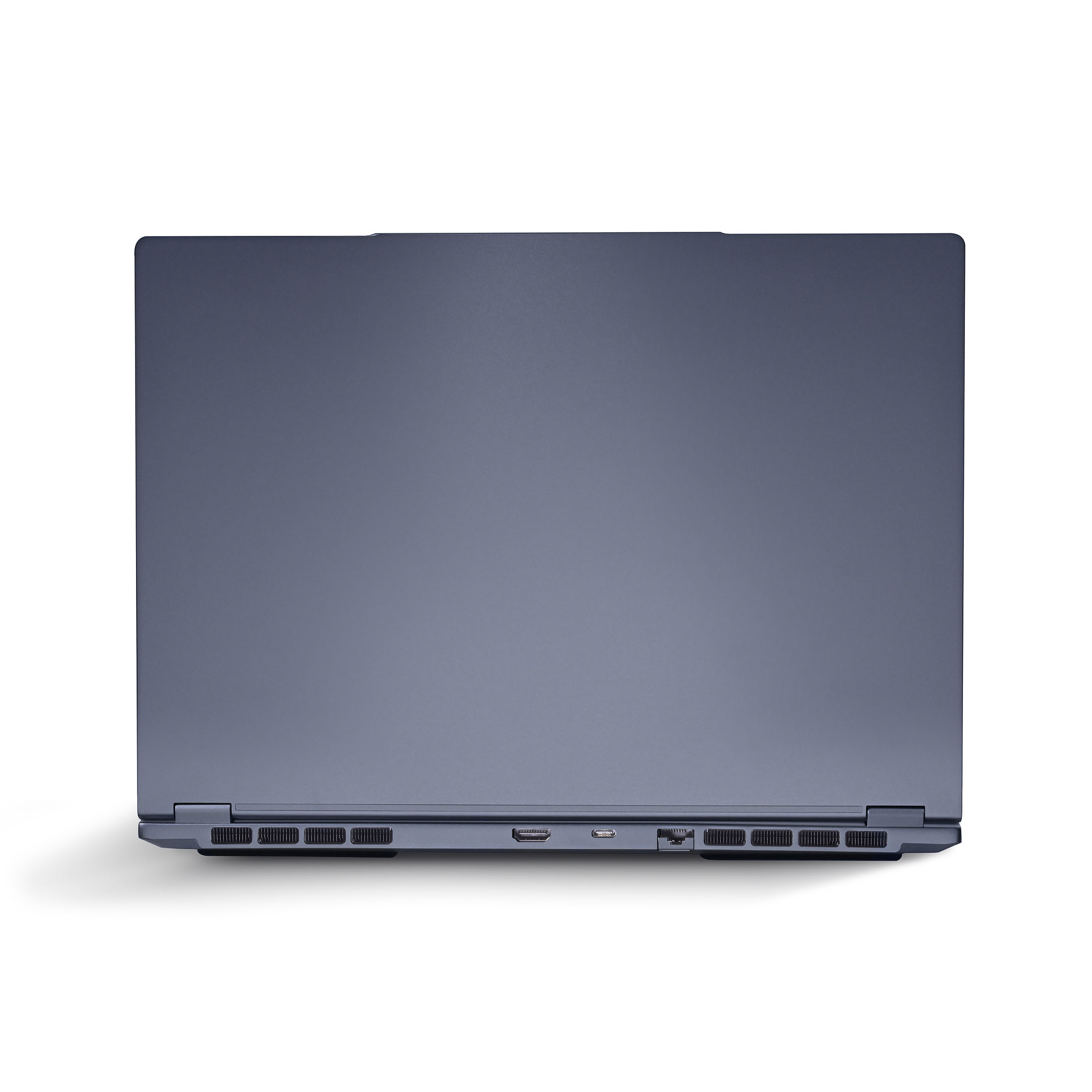 Ein geschlossener Laptop, von oben gesehen, auf weißem Grund. Der Laptop ist dunkelgrau.