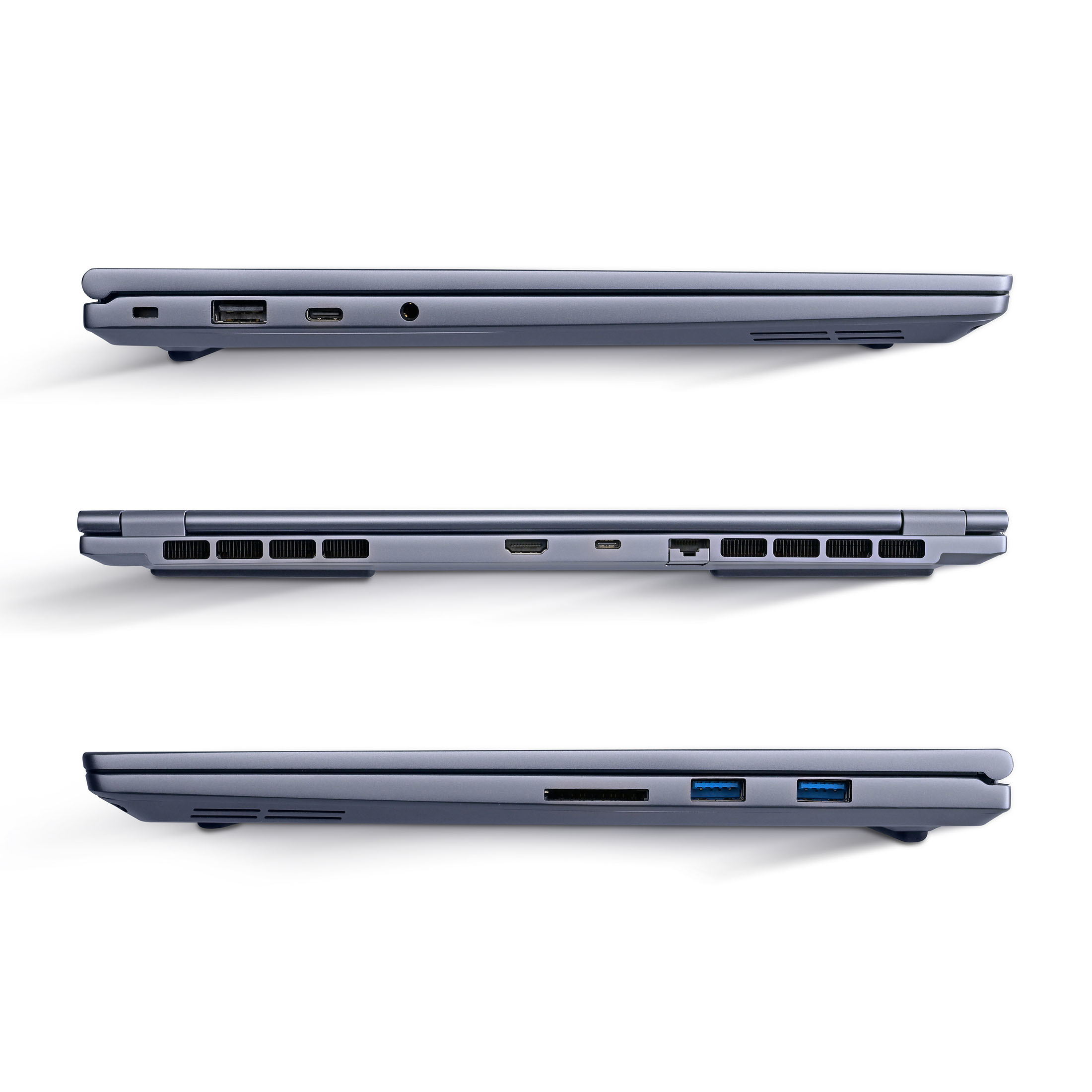 Drei Seitenansichten eines grauen Laptops auf weißem Hintergrund, mit Anschlüssen und Lüftungsschlitzen.