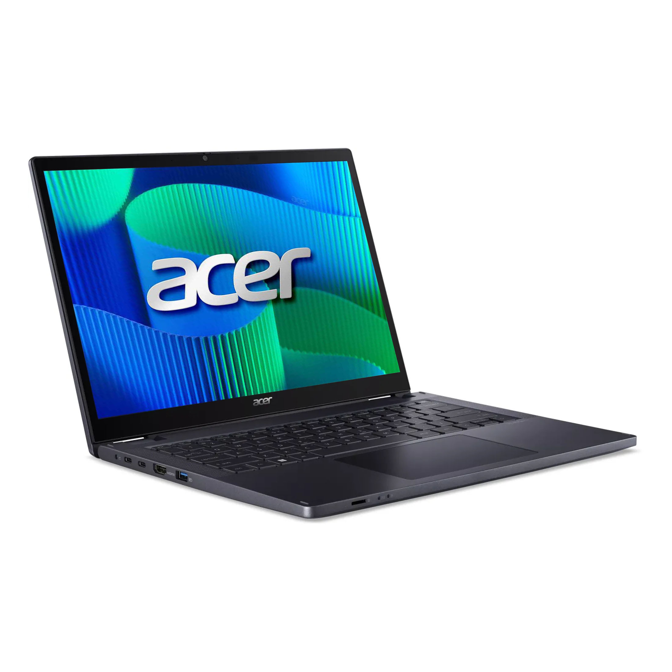 Ein dunkelgraues Acer-Laptop ist geöffnet. Der Bildschirm zeigt das Acer-Logo. Der Hintergrund ist weiß.