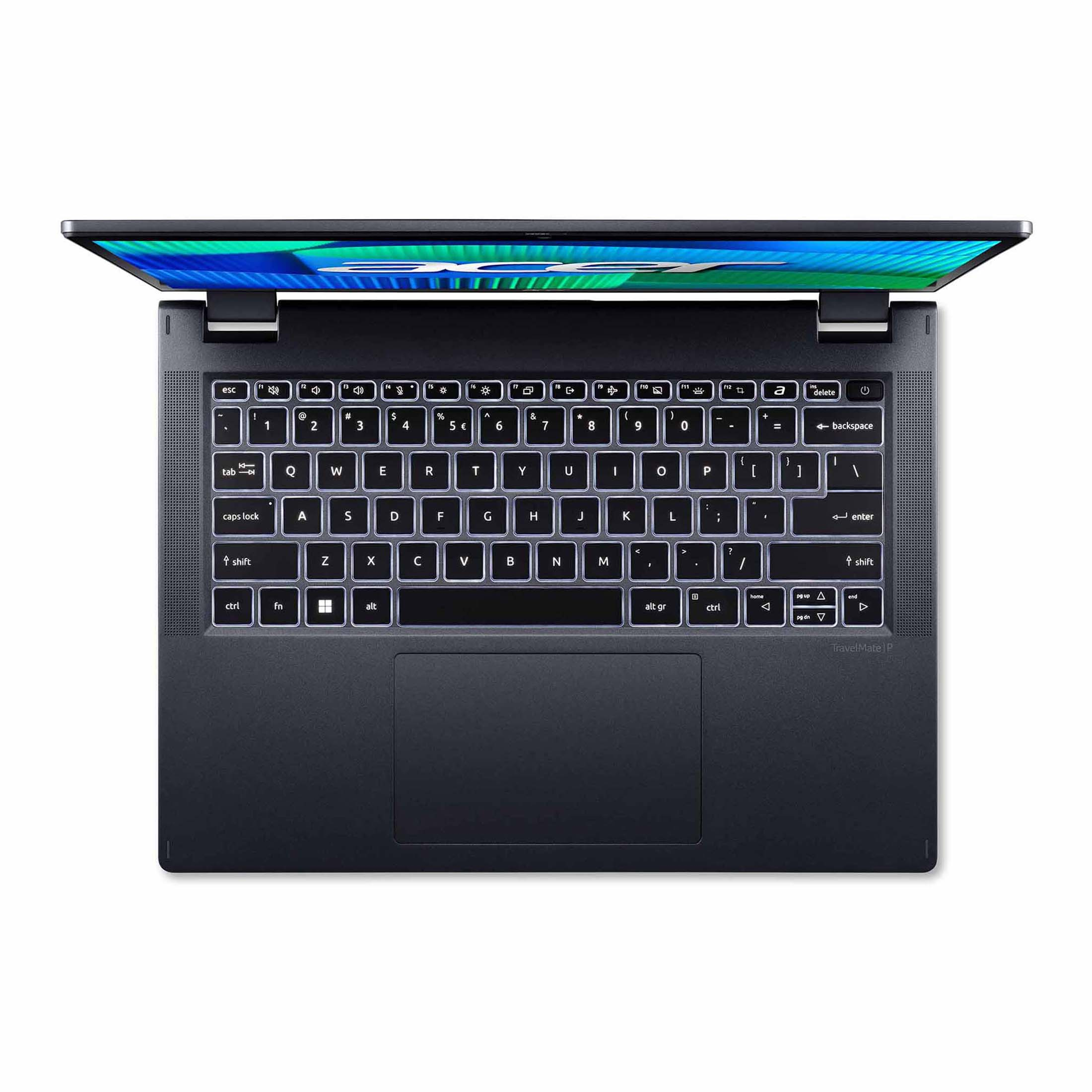Draufsicht auf einen Laptop mit geöffnetem Bildschirm. Die Tastatur ist mit beleuchteten Tasten sichtbar.