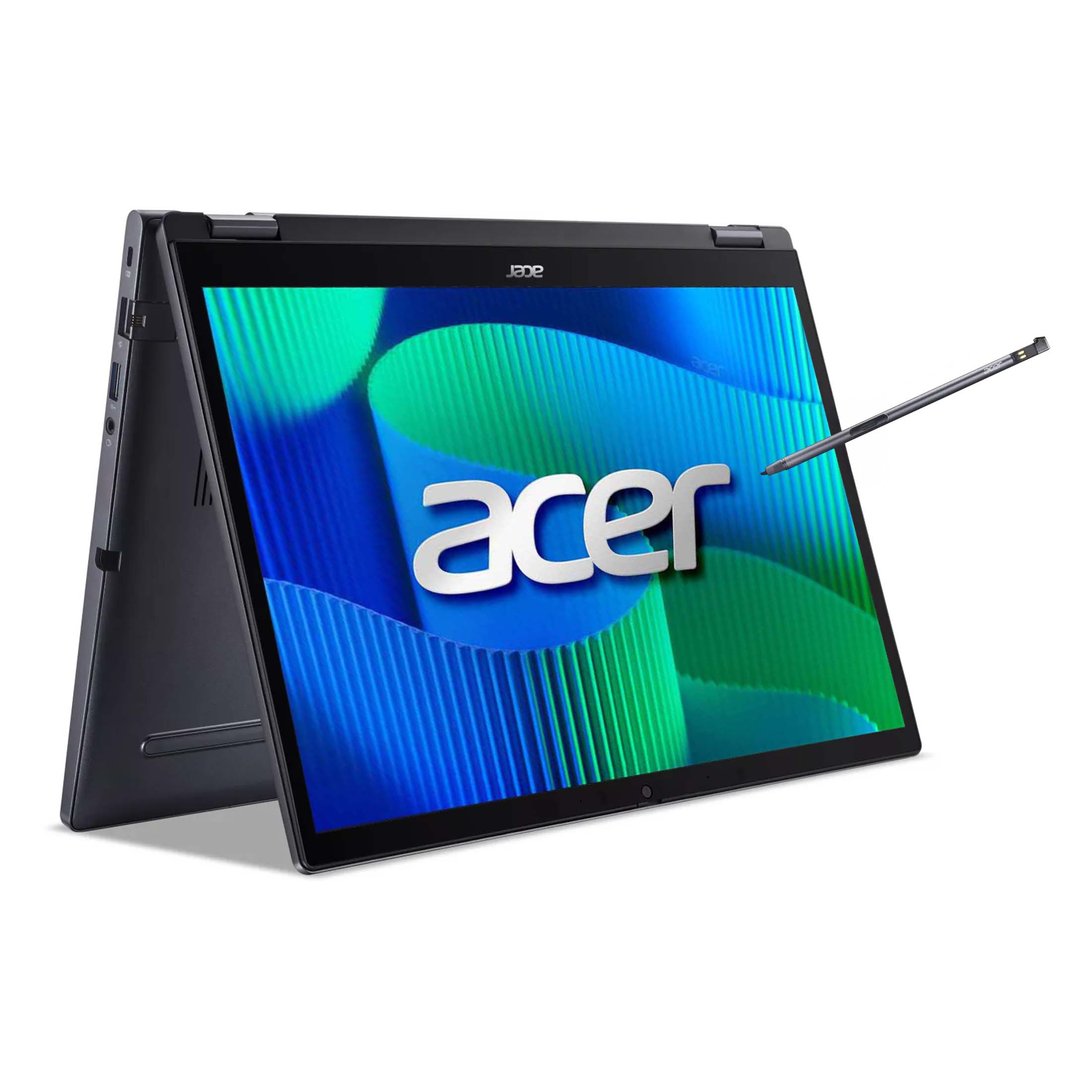 Acer-Laptop mit Stift. Der Bildschirm zeigt das Acer-Logo. Schwarzer und blauer Hintergrund. Stift zeigt auf den Bildschirm.