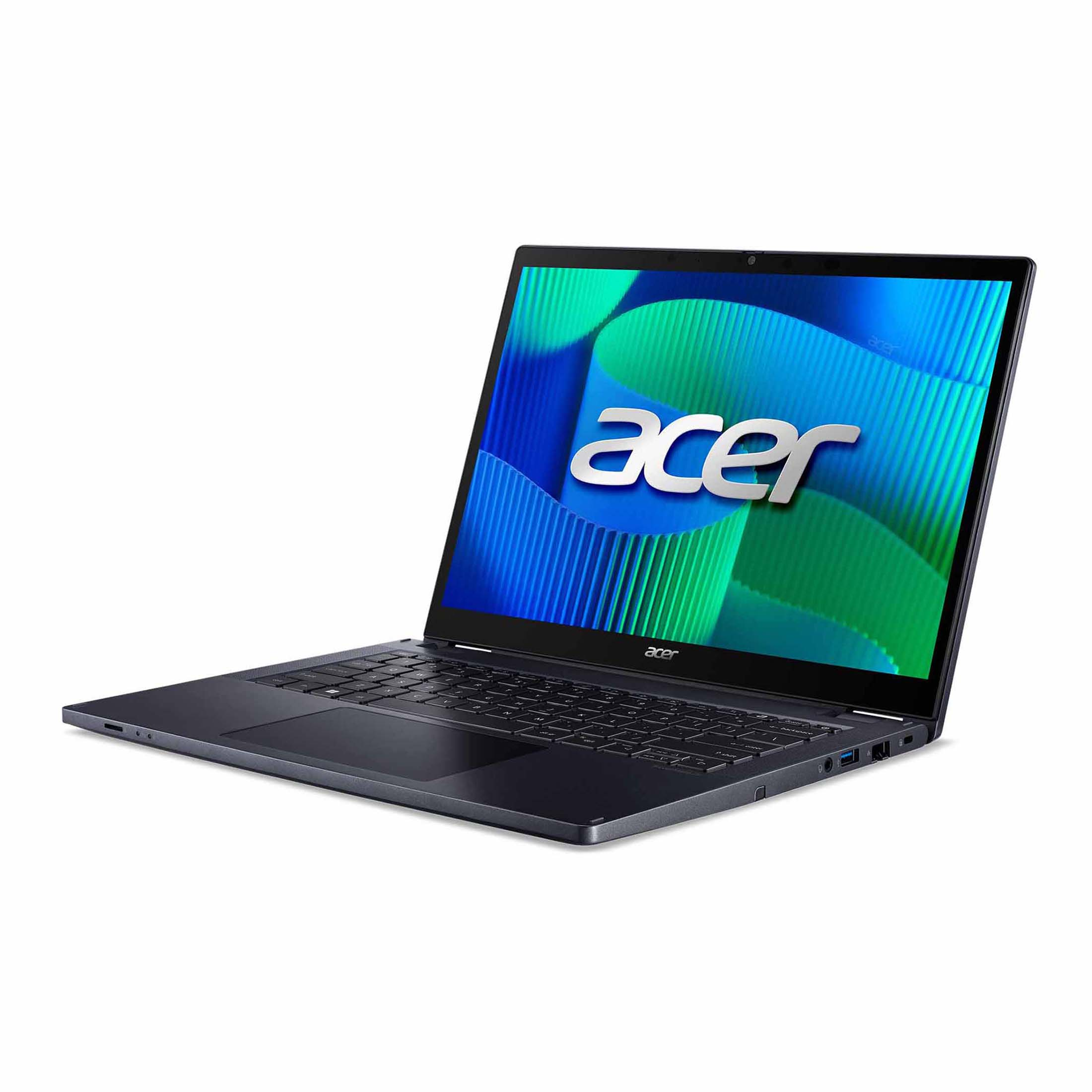 Ein dunkelgrauer Acer-Laptop ist geöffnet. Der Bildschirm zeigt das Acer-Logo auf blauem und grünem Hintergrund.