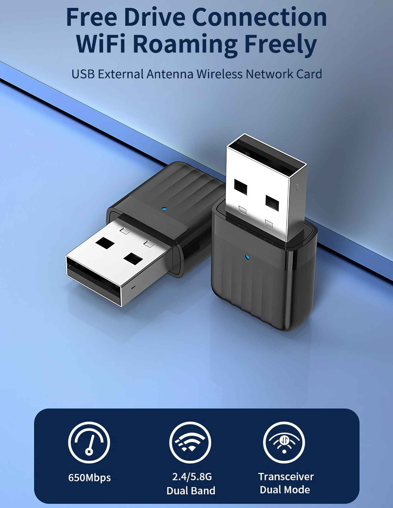 Das Bild zeigt zwei schwarze USB-WLAN-Adapter. Der Text oben lautet 'WiFi Roaming Freely'. Unten befinden sich Symbole mit Spezifikationen.