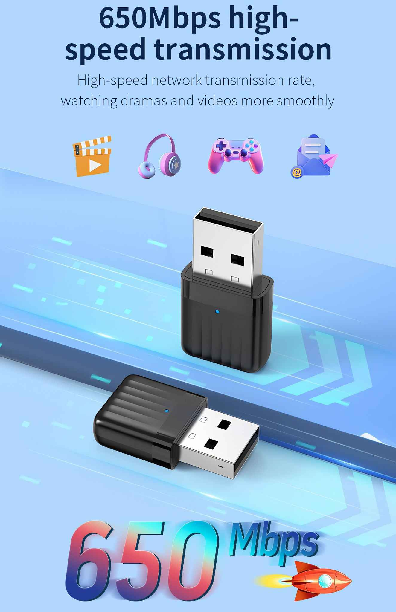 Das Bild zeigt zwei schwarze USB-Adapter, Medien-Icons und den Text: 650 Mbit/s Hochgeschwindigkeitsübertragung.