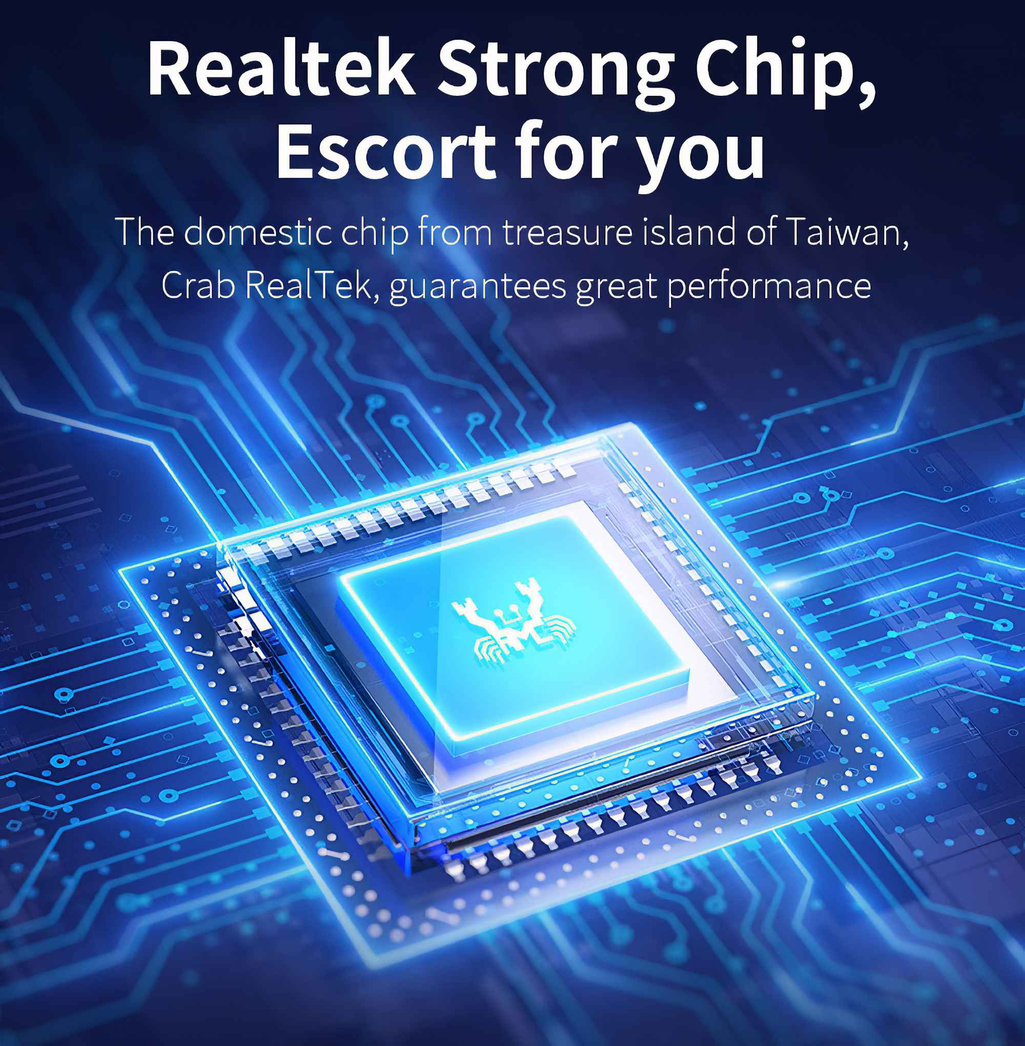 Eine blaue Leiterplatte mit einem zentralen Chip. Der Text lautet: Realtek Strong Chip, Escort for you.