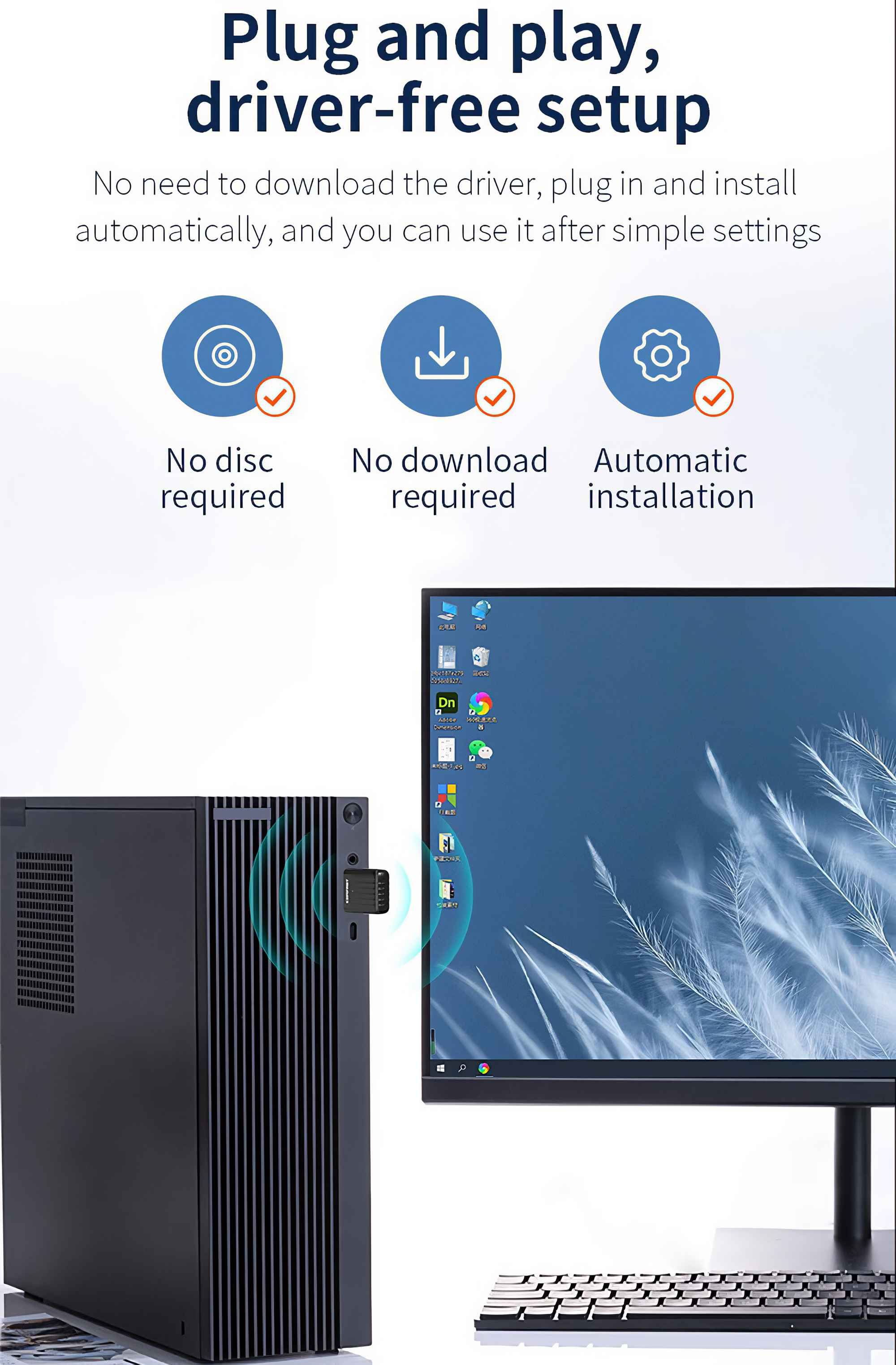 Das Bild zeigt ein Computer-Setup mit einem USB-Empfänger, einem PC, einem Monitor und einer Tastatur. Der Text lautet Plug and Play.
