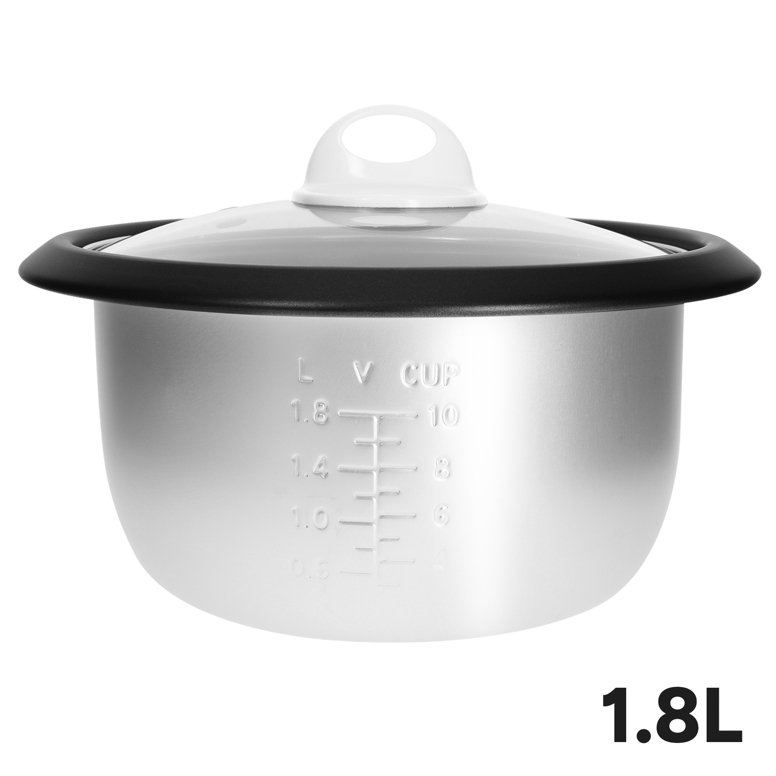 Una arrocera plateada con tapa de cristal. La tapa tiene un asa blanca. Indica 1,8L y tiene marcas de volumen.