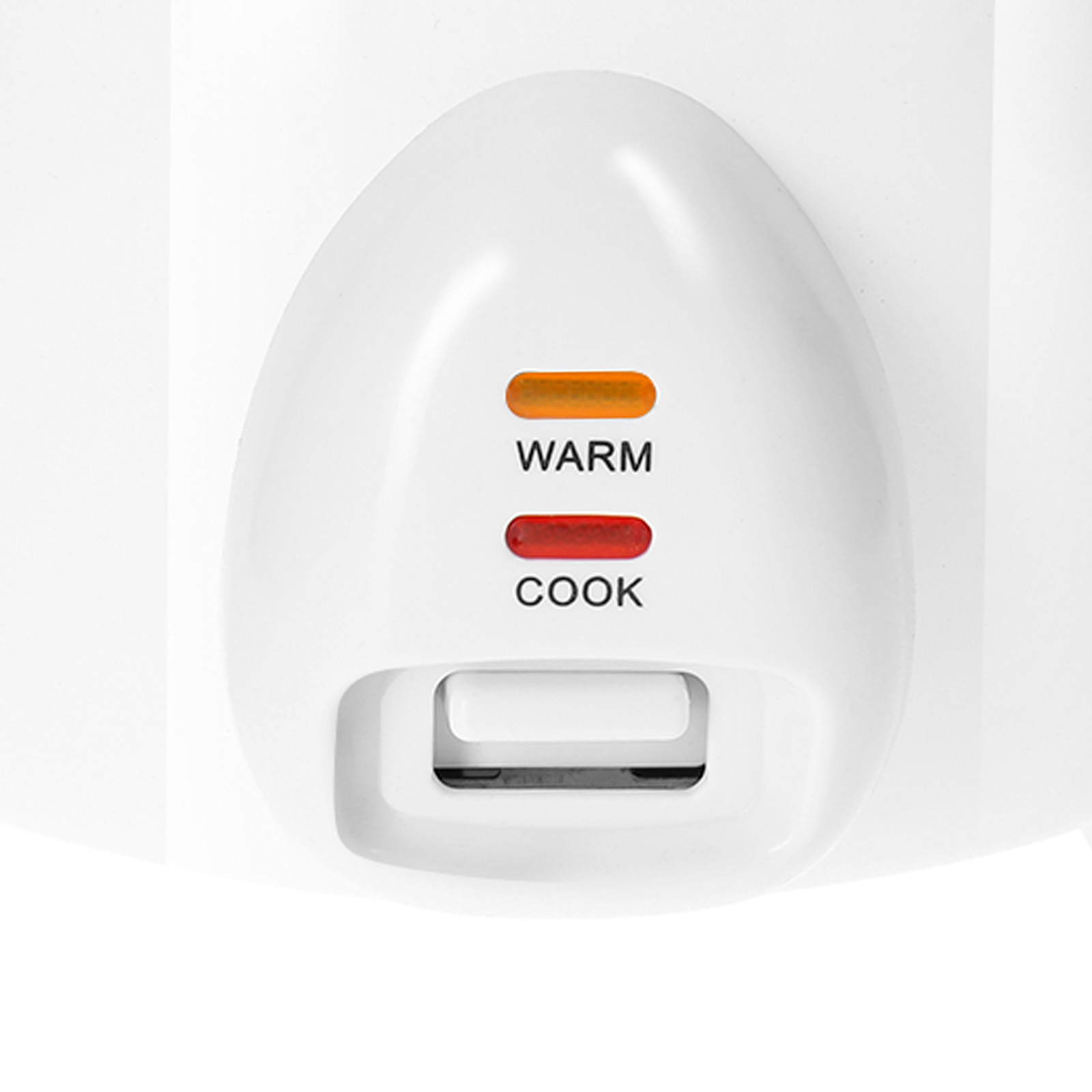 Primer plano de un panel de control blanco de una arrocera. Tiene 'WARM' en naranja y 'COOK' en rojo, con un botón debajo.