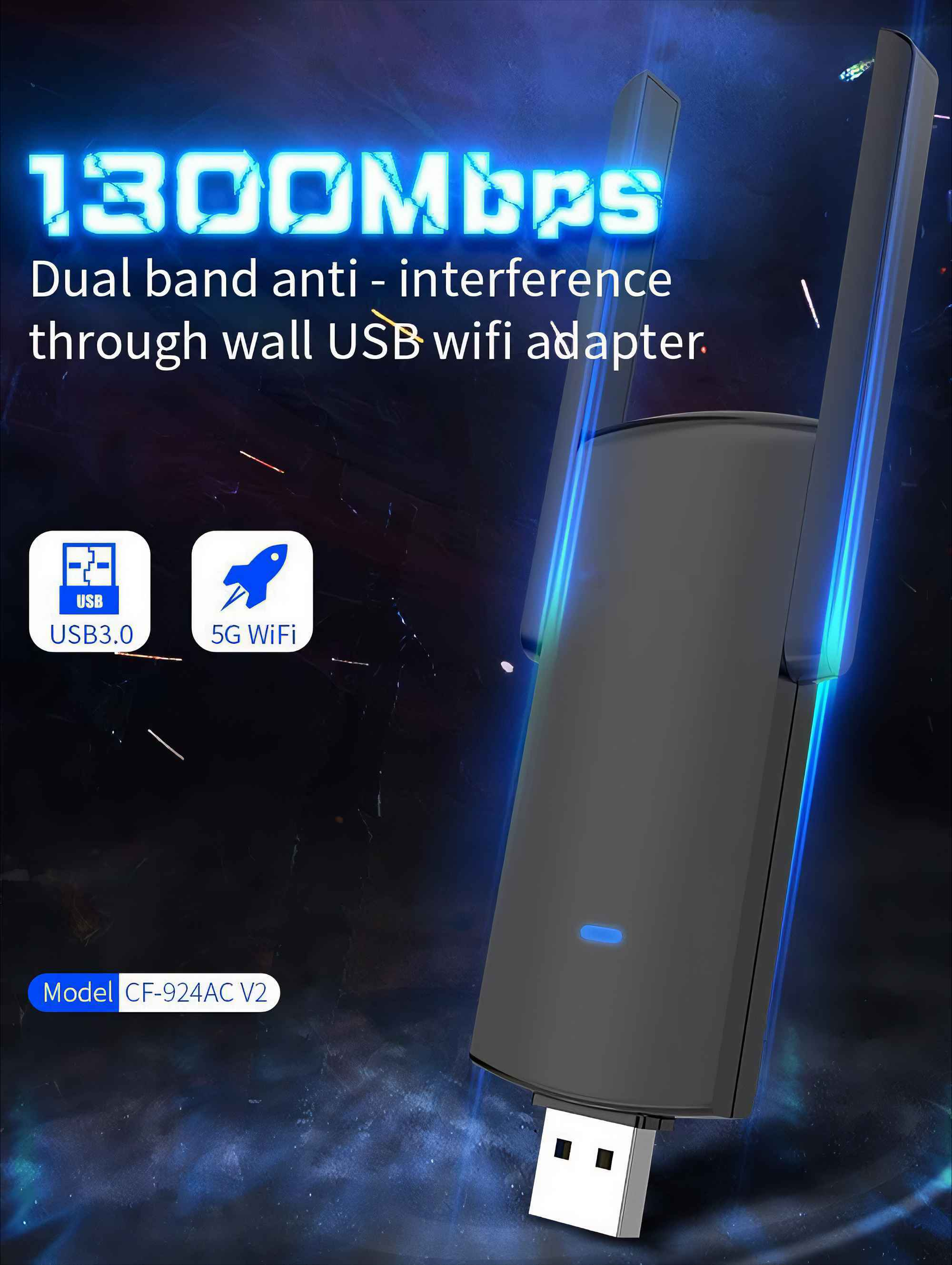 Ein USB-WLAN-Adapter mit Antennen. Text: 1300 Mbit/s, Dualband, USB 3.0 und 5G WLAN.