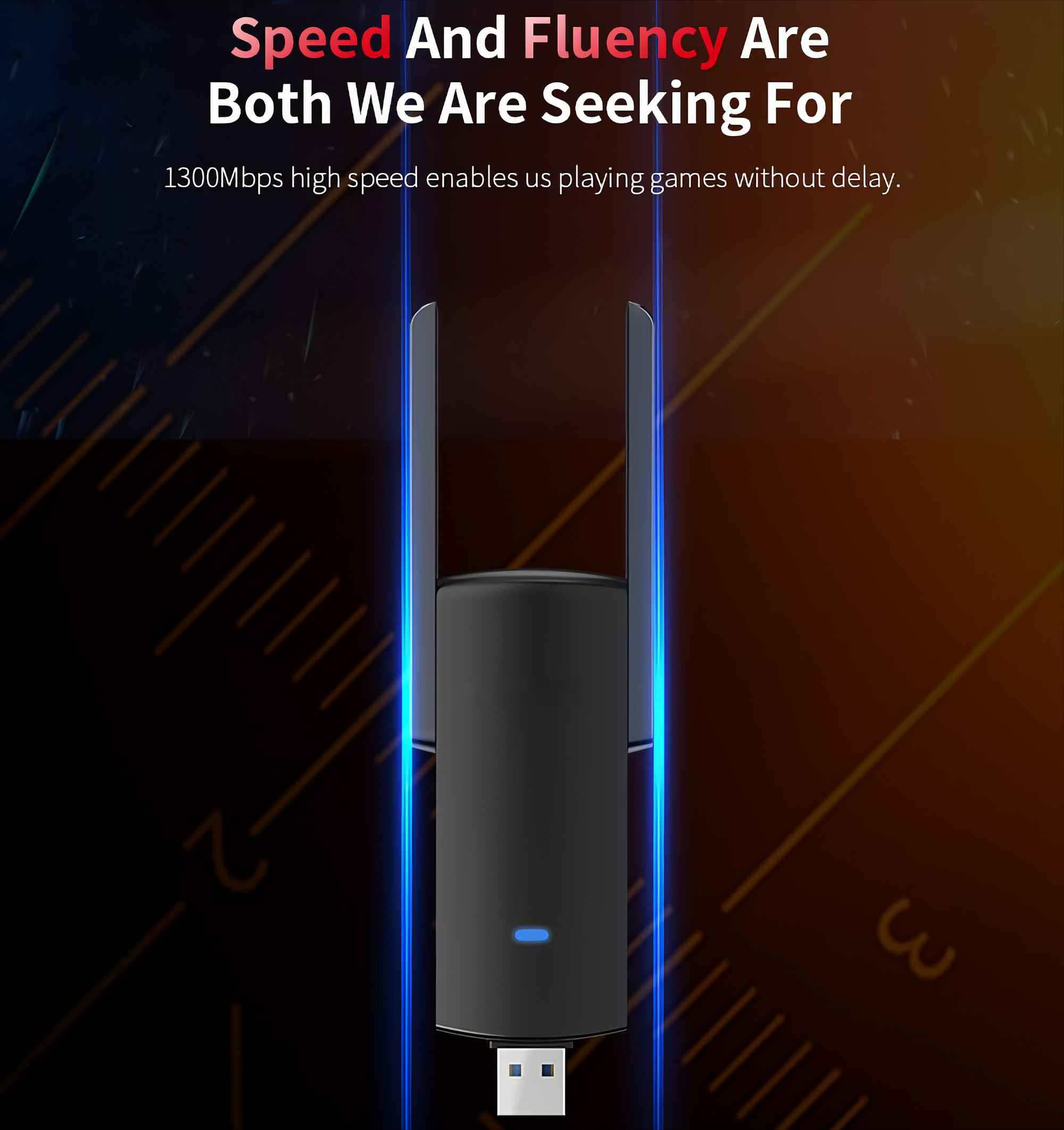 Ein schwarzer USB-WLAN-Adapter mit zwei Antennen. Der Text lautet 'Geschwindigkeit und Flüssigkeit sind wir beide auf der Suche nach'.