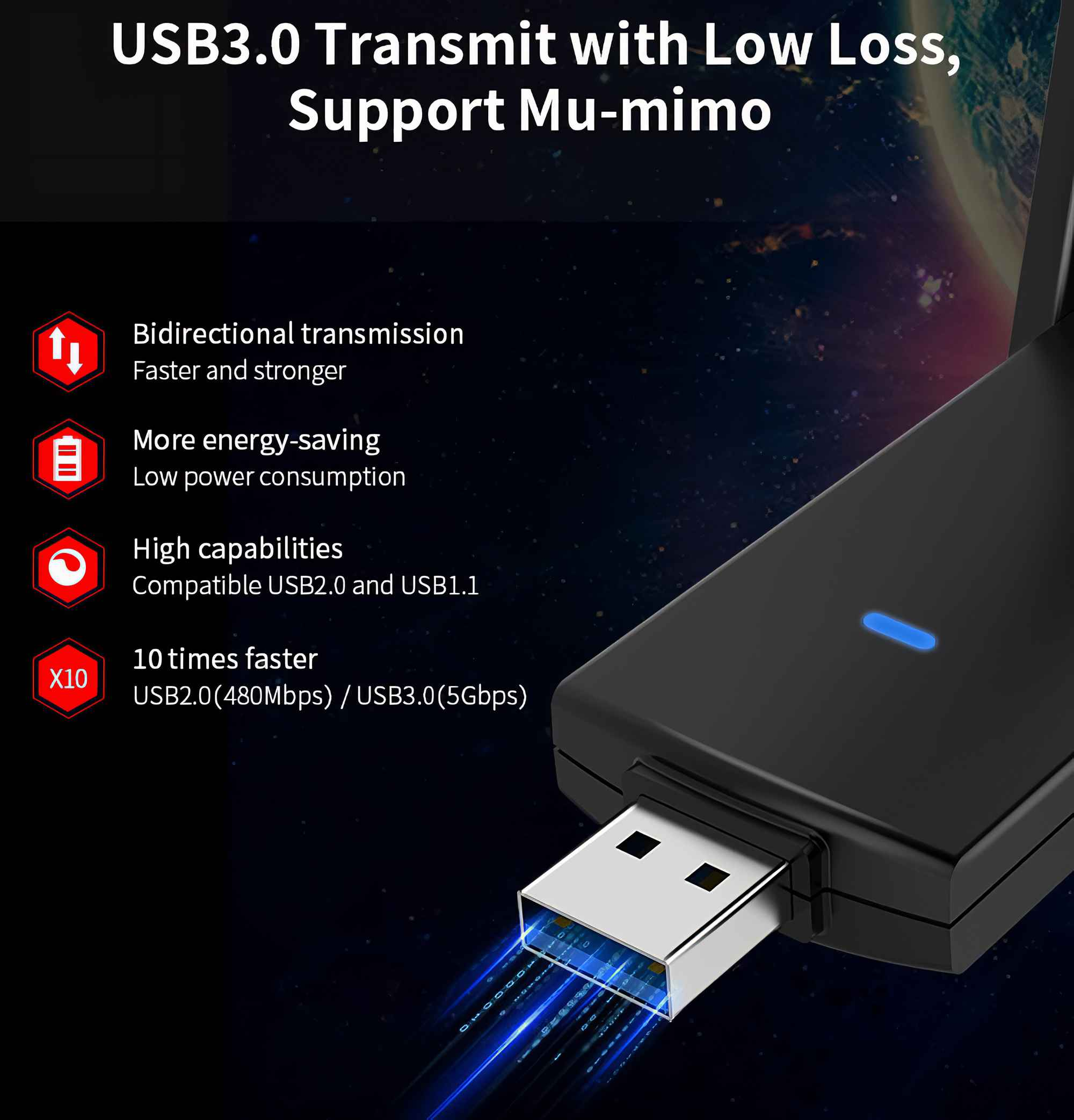 Schwarzer USB-Adapter mit blauem Licht, Datenübertragung gezeigt. Text: USB 3.0, schneller, energiesparend, hohe Fähigkeiten.