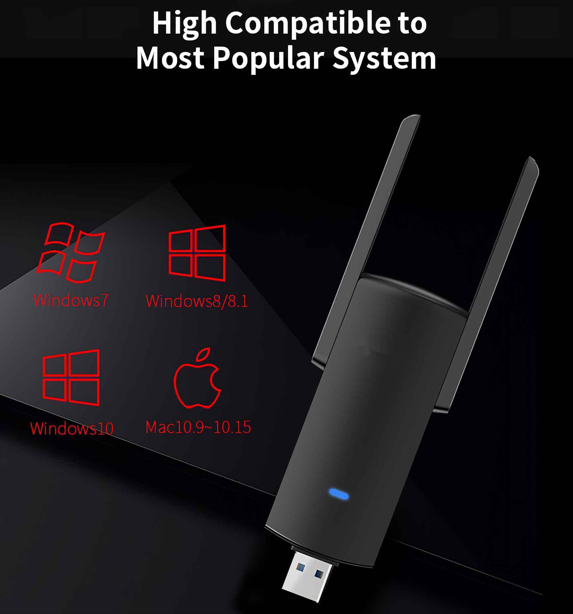 Ein schwarzer USB-WLAN-Adapter mit Antennen. Windows- und Mac-Kompatibilitätssymbole sind rot, auf schwarzem Hintergrund.