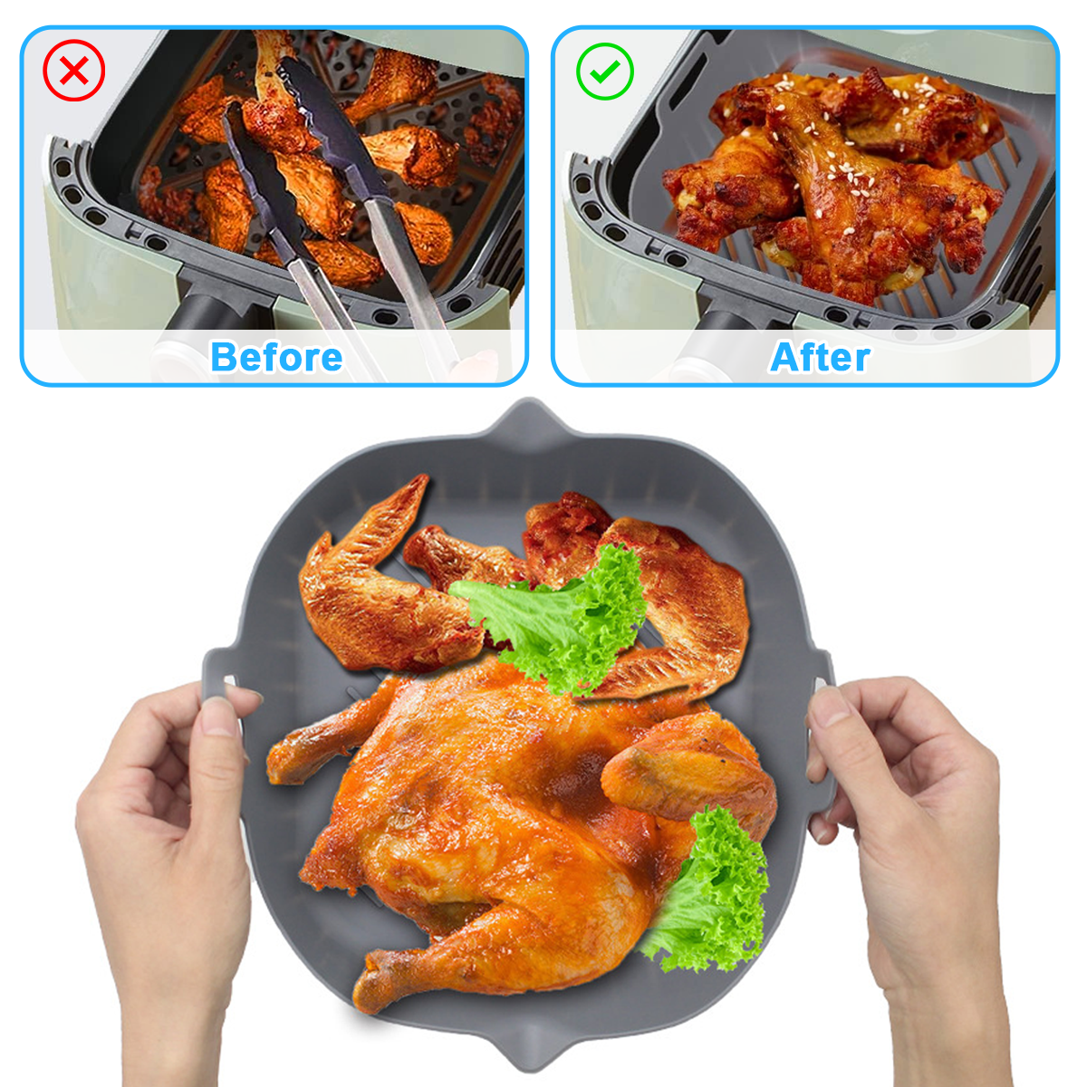 Das Bild zeigt einen Luftfritteuse mit Hähnchenflügeln. Oben links werden Flügel mit Zangen bewegt. Oben rechts, gekochte Flügel. Unten, ganzes Huhn.